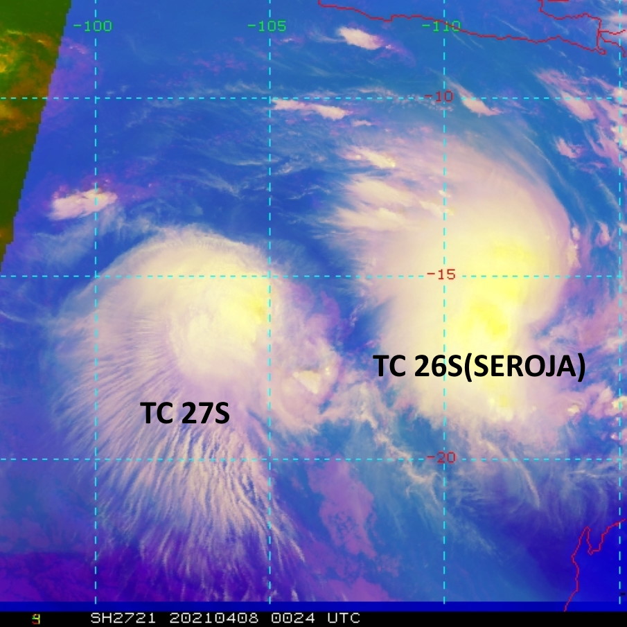 TC 27S. ANIMATED MULTISPECTRAL  SATELLITE IMAGERY (MSI) SHOWS THE SYSTEM HAS MOSTLY MAINTAINED  CONVECTIVE SIGNATURE ON THE WESTERN SIDE AS TC 27S MOVED SLIGHTLY  NORTHWEST IN THE WEAK STEERING ENVIRONMENT. TC 26S(SEROJA) IS CURRENTLY  650KM TO THE EAST OF TC 26S.