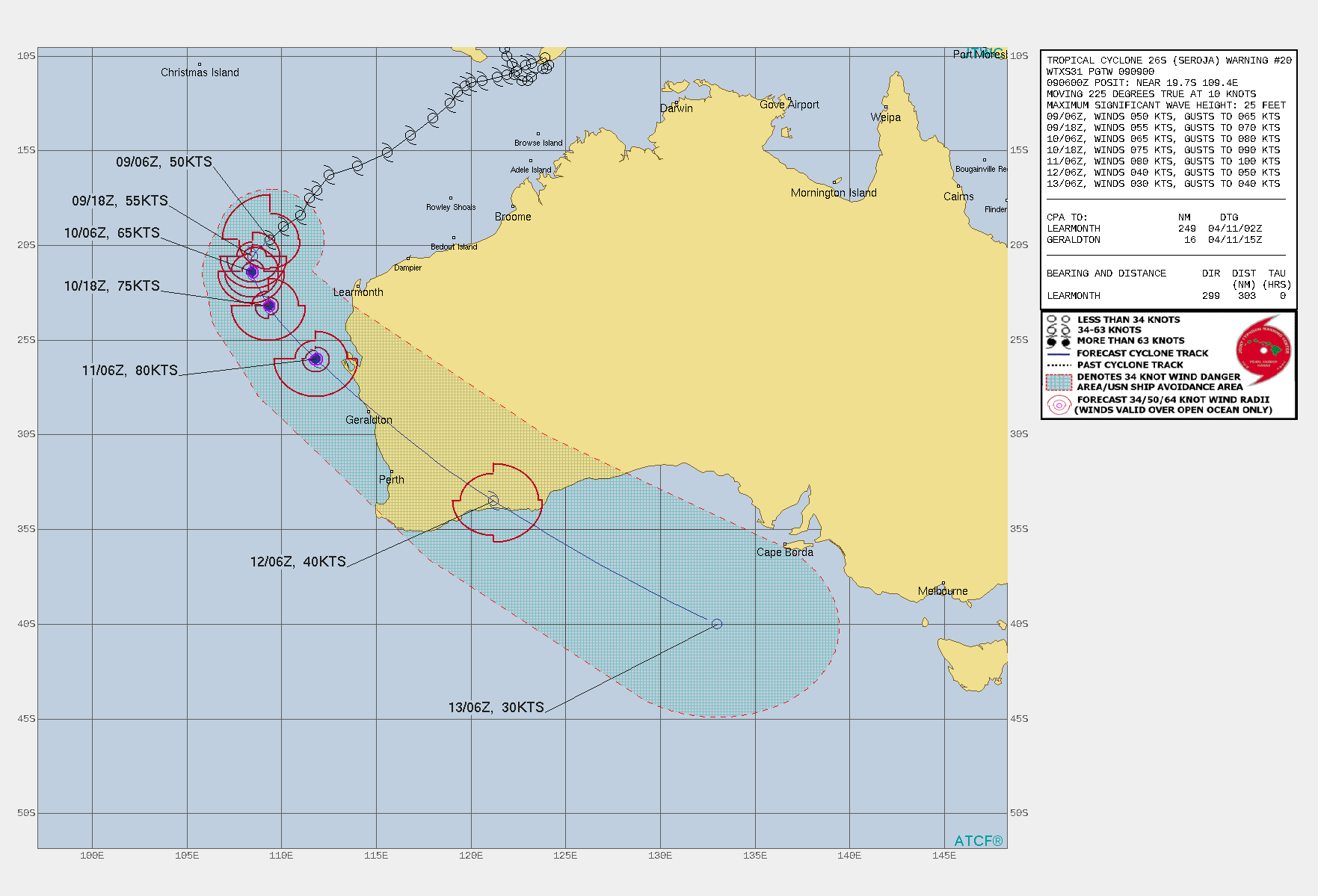 26S(SEROJA). WARNING 20 ISSUED AT 09/09UTC.THE ENVIRONMENT REMAINS FAVORABLE, WITH LOW TO MODERATE (10-15KTS) VERTICAL WIND SHEAR AND  DECENT RADIAL OUTFLOW FROM A POINT SOURCE ALOFT. TC26S (SEROJA) AND  TC 27S (ODETTE) ARE NOW INTERACTING AS THEY ARE ONLY SEPARATED BY AN  ESTIMATED 540KM. ODETTE REMAINS THE SMALLER CYCLONE OF THE TWO AND  IS NOT EXPECTED TO PREVENT SEROJA FROM INTENSIFYING AS ODETTE IS NOW  DECOUPLING FROM THE UPPER LEVEL OUTFLOW. THE PRESENCE OF TC 27S HAS  CAUSED SOME SLIGHT DISRUPTION AND PULLED SEROJA SLIGHTLY TO THE  NORTH OF ITS ORIGINAL TRACK. HOWEVER, A PERIOD OF SWIFT  INTENSIFICATION REMAINS EXPECTED BETWEEN NOW AND 36 HOURS ONCE  SEROJA COMPLETES FORMATION OF AN INNER CORE AND ROUNDS THE RIDGE  AXIS TO THE WEST. A LEVELING OFF OF INTENSITY PRIOR TO LANDFALL IN  WESTERN AUSTRALIA IS EXPECTED DUE TO INCREASING VERTICAL SHEAR TO 20- 25 KNOTS AS THE CYCLONE APPROACHES THE JET STREAM, AS WELL AS POSSIBLE  ENTRAINMENT OF MID-LATITUDE DRY AIR. THE FORECAST SHOWS THE PEAK  INTENSITY BACKING OFF AND IS LOWERED TO 80 KNOTS/US CAT1 AT 48 HOURS, THOUGH  SINCE LANDFALL OCCURS BETWEEN THE 48 AND 72 HOUR FORECAST POINTS,  THE PEAK INTENSITY PRIOR TO LANDFALL COULD BE HIGHER. THE TRACK  FORECAST PHILOSOPHY REMAINS UNCHANGED, WITH A SLOWING OF FORWARD  MOTION EXPECTED THROUGH 24 HOURS DUE TO INTERACTION WITH TC ODETTE,  BEFORE ACCELERATING SOUTHEASTWARD ALONG THE FLANK OF THE DEEP-LAYER  RIDGE OVER WESTERN AUSTRALIA. THIS FORECAST IS SLIGHTLY FASTER THAN  THE PREVIOUS ONE THROUGH THE NEXT 12 HOURS DUE TO SEROJA'S SHORT  TERM MOTION, AND SHIFTED SLIGHTLY SOUTHWEST BEYOND 24 HOURS,  FOLLOWING THE TREND IN THE MODEL GUIDANCE. THE EXACT TIMING OF  LANDFALL NEAR GERALDTON, AUSTRALIA BETWEEN 48 AND 72 HOURS HAS ABOVE- AVERAGE UNCERTAINTY DUE TO MODEL SPREAD IN THE SLOW DOWN CAUSED BY  INTERACTION WITH TC ODETTE PRIOR TO MAKING ITS SOUTHEASTWARD MOVE  TOWARD THE COAST.