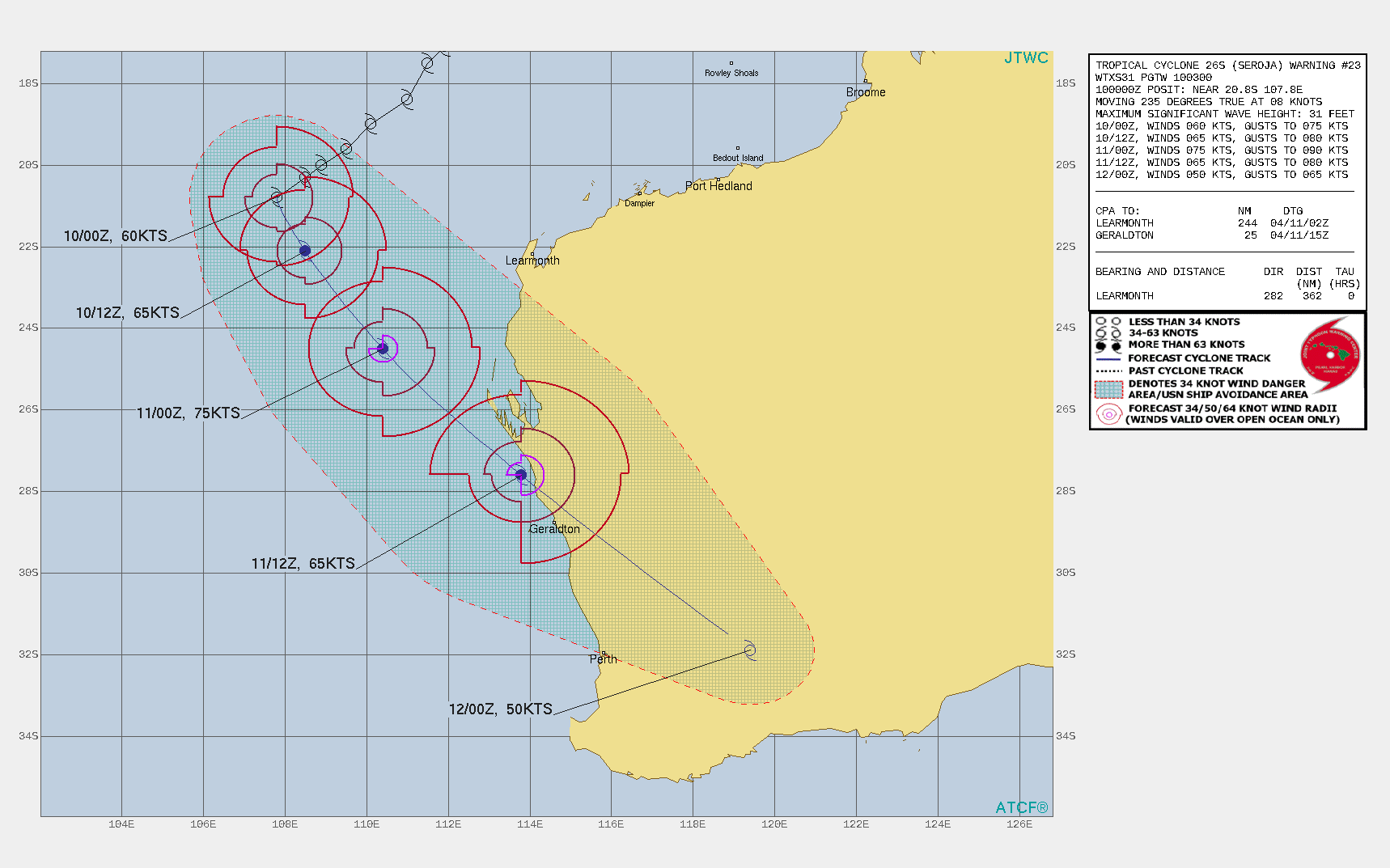 26S(SEROJA). WARNING 23 ISSSUED AT 10/03UTC.ENVIRONMENTAL ANALYSIS INDICATES FAVORABLE CONDITIONS  WITH LOW VERTICAL WIND SHEAR (VWS), ROBUST POLEWARD OUTFLOW INTO THE  WESTERLIES AND WARM SST (28C) VALUES. THE INITIAL INTENSITY IS  ASSESSED AT 60 KNOTS BASED ON AN AVERAGE OF DVORAK INTENSITY  ESTIMATES FROM PGTW, KNES AND APRF RANGING FROM T3.5-4.0 (55-65  KNOTS). TC 26S IS EXPECTED TO RECURVE BY 12H AND ACCELERATE SOUTH- SOUTHEASTWARD WITH EXTRA-TROPICAL TRANSITION (ETT) COMMENCING AT 24H WHEN THE SYSTEM BEGINS TO INTERACT WITH THE BAROCLINIC ZONE AND  WESTERLIES. AFTER 24H, TC 26S WILL TURN SOUTHEASTWARD TOWARD  SOUTHWEST AUSTRALIA, TRACKING WITHIN THE MIDLATITUDE WESTERLIES. THE  SYSTEM WILL COMPLETE ETT BY 48H AS IT BECOMES EMBEDDED WITHIN THE  WESTERLIES AND GAINS FRONTAL CHARACTERISTICS. TC 26S WILL WEAKEN BY  36H AS IT ENCOUNTERS STRONG VWS AND INTERACTS WITH LAND. RAPID  WEAKENING IS ANTICIPATED AFTER 36H AS VWS INCREASES TO 25-35  KNOTS.