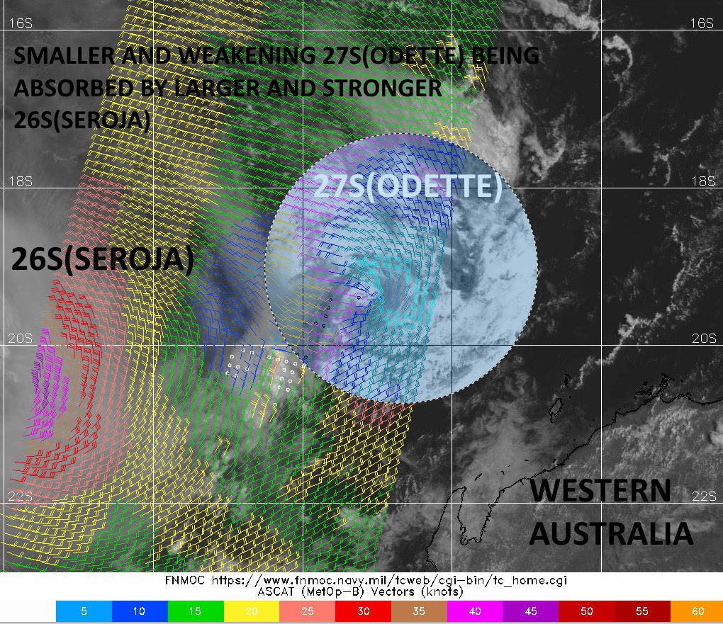 26S(SEROJA). 10/0015UTC. ON THE LEFT IS THE CIRCULATION OF 26S. ON THE RIGHT IS THE SMALL RESIDUAL CIRCULATION OF 27S(ODETTE).