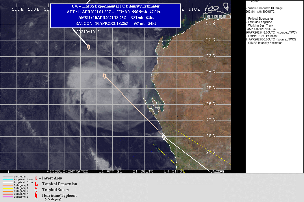 26S(SEROJA). WARNING 27 ISSUED AT 11/03UTC. OVERALL, THERE IS GOOD CONFIDENCE IN THE INITIAL POSITION. THE INITIAL INTENSITY REMAINS ASSESSED AT 65 KNOTS BASED  ON DVORAK INTENSITY ESTIMATES RANGING FROM T4.0 (65 KNOTS) TO T4.5  (77 KNOTS). TC 26S IS EXPECTED TO ACCELERATE SOUTHEASTWARD THROUGH  THE FORECAST PERIOD WITHIN THE MIDLATITUDE WESTERLY FLOW POLEWARD OF  A DEEP-LAYERED SUBTROPICAL RIDGE POSITIONED TO THE NORTHEAST. THE  SYSTEM HAS COMMENCED EXTRA-TROPICAL TRANSITION (ETT) AND WILL  QUICKLY COMPLETE ETT BY 24H AS IT BECOMES EMBEDDED WITHIN  THE WESTERLIES AND GAINS FRONTAL CHARACTERISTICS. TC 26S WILL WEAKEN  RAPIDLY AFTER 12H AS IT ENCOUNTERS STRONG VERTICAL WIND SHEAR (25-35 KNOTS) AND  TRACKS OVER SOUTHWESTERN AUSTRALIA. 26S(SEROJA). WARNING 27 ISSUED AT 11/03UTC. OVERALL, THERE IS GOOD CONFIDENCE IN THE INITIAL POSITION. THE INITIAL INTENSITY REMAINS ASSESSED AT 65 KNOTS BASED  ON DVORAK INTENSITY ESTIMATES RANGING FROM T4.0 (65 KNOTS) TO T4.5  (77 KNOTS). TC 26S IS EXPECTED TO ACCELERATE SOUTHEASTWARD THROUGH  THE FORECAST PERIOD WITHIN THE MIDLATITUDE WESTERLY FLOW POLEWARD OF  A DEEP-LAYERED SUBTROPICAL RIDGE POSITIONED TO THE NORTHEAST. THE  SYSTEM HAS COMMENCED EXTRA-TROPICAL TRANSITION (ETT) AND WILL  QUICKLY COMPLETE ETT BY 24H AS IT BECOMES EMBEDDED WITHIN  THE WESTERLIES AND GAINS FRONTAL CHARACTERISTICS. TC 26S WILL WEAKEN  RAPIDLY AFTER 12H AS IT ENCOUNTERS STRONG VERTICAL WIND SHEAR (25-35 KNOTS) AND  TRACKS OVER SOUTHWESTERN AUSTRALIA.
