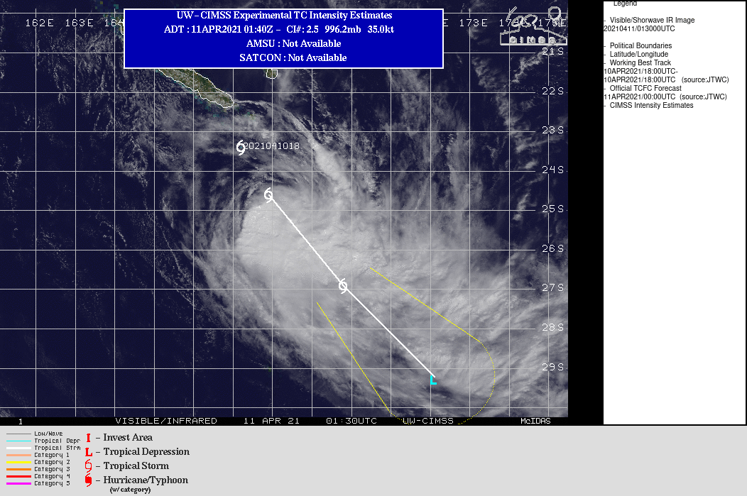 28P. WARNING 2 ISSUED AT 11/03UTC.ANIMATED MULTISPECTRAL SATELLITE IMAGERY DEPICTS SHALLOW BANDING  WRAPPING INTO A DEFINED LOW-LEVEL CIRCULATION CENTER WITH FLARING  DEEP CONVECTION OVER THE SOUTHERN SEMICIRCLE. OVERALL, THERE IS GOOD  CONFIDENCE IN THE INITIAL POSITION.  UPPER-LEVEL ANALYSIS INDICATES MODERATE TO HIGH VERTICAL  WIND SHEAR (VWS) OFFSET BY ROBUST POLEWARD OUTFLOW, HOWEVER, THE  ENVIRONMENT IS QUICKLY DEGRADING AND SHEARING THE BULK OF THE DEEP  CONVECTION OVER THE SOUTHERN SEMICIRCLE. TC 28P IS EXPECTED TO BE A  SHORT-LIVED SYSTEM AS IT TRACKS SOUTHEASTWARD WITHIN THE PERSISTENT  NORTHWESTERLY FLOW ALONG THE SOUTHWESTERN PERIPHERY OF A DEEP- LAYERED SUBTROPICAL RIDGE. VWS IS EXPECTED TO INCREASE TO 35 KNOTS  BY 18H, WHICH WILL PRODUCE STEADY WEAKENING AND DISSIPATION NO  LATER THAN 24H. 28P. WARNING 2 ISSUED AT 11/03UTC.ANIMATED MULTISPECTRAL SATELLITE IMAGERY DEPICTS SHALLOW BANDING  WRAPPING INTO A DEFINED LOW-LEVEL CIRCULATION CENTER WITH FLARING  DEEP CONVECTION OVER THE SOUTHERN SEMICIRCLE. OVERALL, THERE IS GOOD  CONFIDENCE IN THE INITIAL POSITION.  UPPER-LEVEL ANALYSIS INDICATES MODERATE TO HIGH VERTICAL  WIND SHEAR (VWS) OFFSET BY ROBUST POLEWARD OUTFLOW, HOWEVER, THE  ENVIRONMENT IS QUICKLY DEGRADING AND SHEARING THE BULK OF THE DEEP  CONVECTION OVER THE SOUTHERN SEMICIRCLE. TC 28P IS EXPECTED TO BE A  SHORT-LIVED SYSTEM AS IT TRACKS SOUTHEASTWARD WITHIN THE PERSISTENT  NORTHWESTERLY FLOW ALONG THE SOUTHWESTERN PERIPHERY OF A DEEP- LAYERED SUBTROPICAL RIDGE. VWS IS EXPECTED TO INCREASE TO 35 KNOTS  BY 18H, WHICH WILL PRODUCE STEADY WEAKENING AND DISSIPATION NO  LATER THAN 24H.