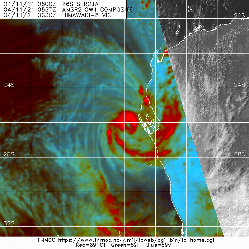 26S(SAROJA). 110630Z GMI 89GHZ MICROWAVE IMAGE REVEALS A COMPACT CORE WITH DEEP CONVECTION WRAPPING  AROUND THREE QUARTERS OF THE CIRCULATION AND A WELL DEFINED 13KM WIDE  MICROWAVE EYE FEATURE. THE EYE FEATURE WAS ALSO EVIDENT IN ANIMATED  RADAR DATA FROM THE CARNARVON AIRPORT RADAR SITE. THE COMBINATION OF  THE DATA CONFIRMING THE EYE FEATURE SEEN IN THE RADAR, VISIBLE AND  MICROWAVE IMAGERY LENT HIGH CONFIDENCE TO THE INITIAL POSITION. THE  INITIAL INTENSITY IS SET AT 70 KNOTS/US CAT 1 WITH MODERATE CONFIDENCE,  SLIGHTLY LOWER THAN THE MULTI-AGENCY DVORAK INTENSITY ESTIMATES OF  T4.5 (77 KTS) FROM BOTH PGTW AND APRF, AND KNES AT T5.0 (90 KTS).  ADT WAS SIGNIFICANTLY LOWER AT T3.1, BUT THE PRESENCE OF THE  MICROWAVE AND RADAR EYE PROVIDED STRONG SUPPORT FOR AN INCREASE IN  THE INTENSITY OVER THE PREVIOUS SIX HOUR ANALYSIS.