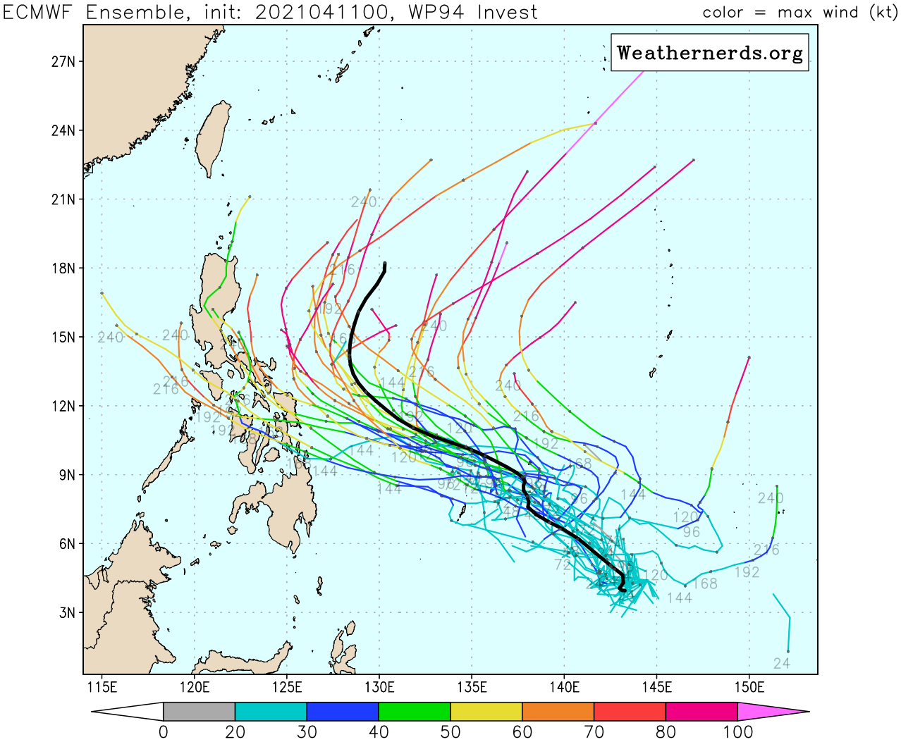 INVEST 94W. ANIMATED MULTISPECTRAL SATELLITE IMAGERY AND A  PARTIAL 110315Z GMI 91GHZ MICROWAVE IMAGE REVEAL DISORGANIZED  BANDING WRAPPING INTO A WEAK LOW LEVEL CIRCULATION (LLC) WITH  CYCLING CONVECTION IN THE NORTHERN AND SOUTHERN SEMI-CIRCLES. A  PARTIAL 110014Z ASCAT-C PASS DEPICTS AN ELONGATED LLC STRETCHING  FROM THE WEST-SOUTHWEST TO THE EAST-NORTHEAST ALONG WITH A STRONG  (20-25 KTS) WESTERLY WIND BURST TO THE SOUTH OF THE LLC. INVEST 94W  IS IN A FAVORABLE ENVIRONMENT FOR TROPICAL DEVELOPMENT WITH ROBUST  WESTWARD OUTFLOW ALOFT, LOW (5-10 KTS) VERTICAL WIND SHEAR, AND WARM  (29-30C) SEA SURFACE TEMPERATURES. GLOBAL MODELS ARE IN GENERAL  AGREEMENT THAT THE CIRCULATION IN ASSOCIATION WITH INVEST 94W WILL  CONSOLIDATE AS IT TRACKS TO THE NORTHWEST OVER THE NEXT 24-36 HOURS.