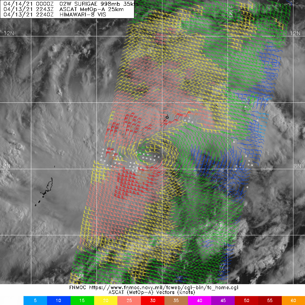 13/2343UTC  METOP-A ASCAT PASS SHOWING A CLEAR LLCC WITH EMBEDDED PATCHES OF 35  KNOTS.
