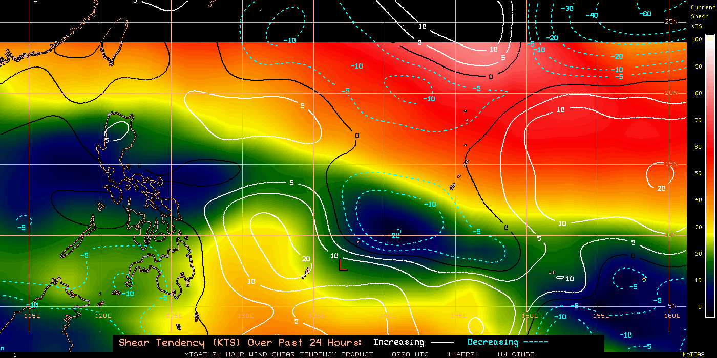 02W. 24H SHEAR. UW-CIMSS Experimental Vertical Shear and TC Intensity Trend Estimates: CIMSS Vertical Shear Magnitude :    8.9 m/s (17.2 kts)  Direction :   77.4 deg. Outlook for TC Intensification Based on Current            Env. Shear Values and MPI Differential: FAVOURABLE OVER 24H.