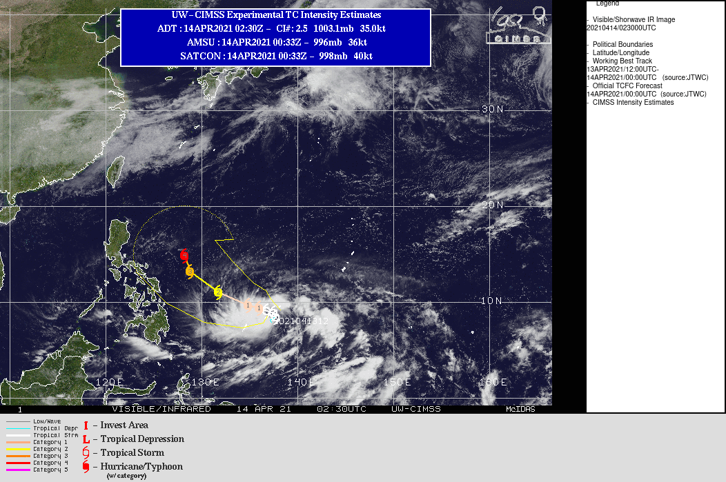 02W(SURIGAE). WARNING 3 ISSUED AT 14/03UTC. ANALYSIS INDICATES A FAVORABLE ENVIRONMENT WITH POLEWARD AND EQUATORWARD OUTFLOW CHANNELS, LOW (10- 20 KNOTS) VERTICAL WIND SHEAR, AND VERY WARM (29-30 DEGREES CELSIUS)  SEA SURFACE TEMPERATURES IN THE PHILIPPINE SEA. THE CYCLONE IS  TRACKING ALONG THE SOUTHWEST PERIPHERY OF A SUBTROPICAL RIDGE  EXTENSION LOCATED TO THE NORTHEAST. TS 02W WILL TRACK SLOWLY NORTHWARD THEN NORTHWESTWARD OVER THE  NEXT 72 HOURS AS THE AFOREMENTIONED SUBTROPICAL RIDGE (STR)  REORIENTS. THE AFOREMENTIONED FAVORABLE ENVIRONMENT WILL MAINTAIN  AND PROMOTE STEADY INTENSIFICATION TO 85 KNOTS/CAT 2 BY 72H. THERE IS A  POSSIBILITY OF INDUCED PRESSURE THAT MAY DAMPEN CONVECTION TO THE  EAST OF THE LLCC IN THE UPPER LEVELS. AFTER 72H, TS 02W WILL CONTINUE NORTHWESTWARD TOWARD THE  BREAK IN THE RIDGE FORMED BY A MIDLATITUDE TROUGH DIGGING IN FROM  EASTERN ASIA THAT WILL BREAK THE AFOREMENTIONED STR. AFTER THE STR  BREAKS, TS 02W WILL TRACK ALONG THE WESTERN PERIPHERY OF THE STR  FEATURE POSITIONED TO ITS EAST, DRIVING IT FURTHER NORTHWESTWARD  UNTIL REACHING THE STR AXIS AROUND 120H. CONTINUED  INTENSIFICATION IS EXPECTED AS THE FAVORABLE CONDITIONS ARE FURTHER  ENHANCED BY INCREASED POLEWARD OUTFLOW. BY 120H, TS 02W IS  EXPECTED TO REACH 115 KNOTS/CAT 4.