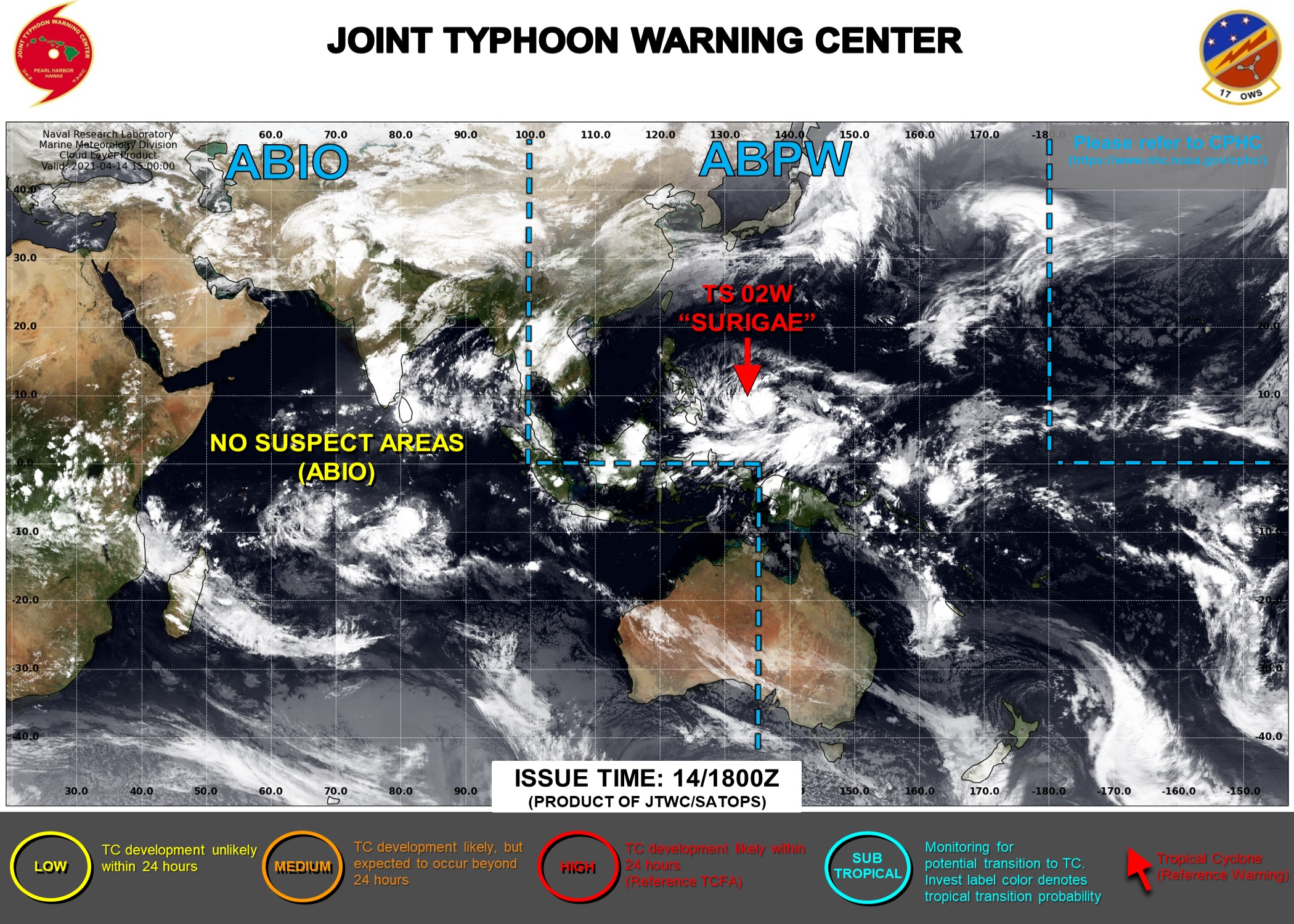 15/03UTC. THE JTWC IS ISSUING 6HOURLY WARNINGS ON 02W(SURIGAE) AND 3HOURLY SATELLITE BULLETINS.
