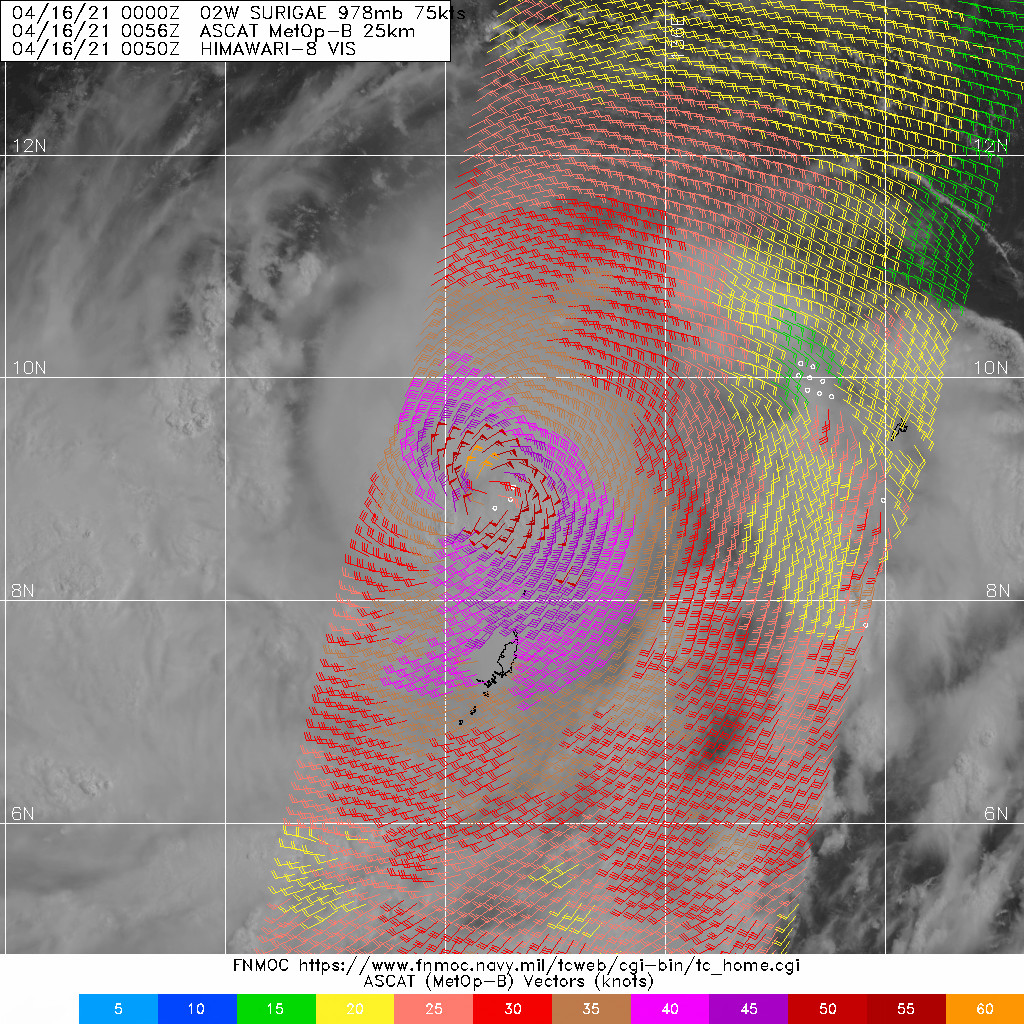 02W(SURIGAE). 16/0056UTC METOP-B ASCAT PASS SHOWING A TIGHTLY WRAPPED  CIRCULATION.