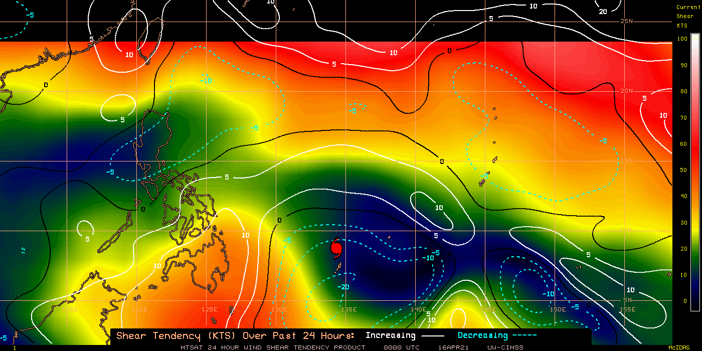 02W(SURIGAE). 24H SHEAR TENDENCY.UW-CIMSS Experimental Vertical Shear and TC Intensity Trend Estimates: CIMSS Vertical Shear Magnitude : 6.2 m/s (12.0 kts)Direction : 97.2 deg  Outlook for TC Intensification Based on Current Env. Shear Values and MPI Differential: FAVOURABLE OVER 24H.