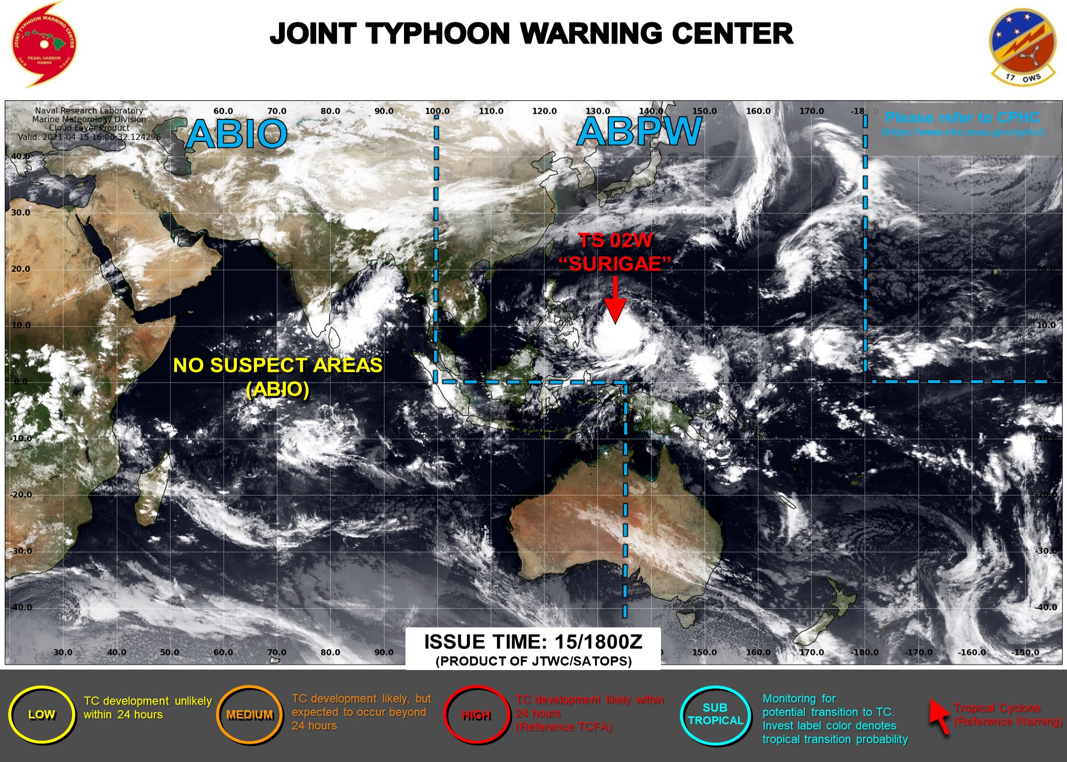 16/03UTC. THE JTWC IS ISSUING 6HOURLY WARNINGS ON 02W(SURIGAE) AND 3HOURLY SATELIITE BULLETINS.