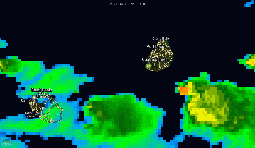 16/07h. Animation de 02 à 07h. L'animation satellite montre les nuages les plus actifs juste au large des côtes Sud-Est de MAURICE.