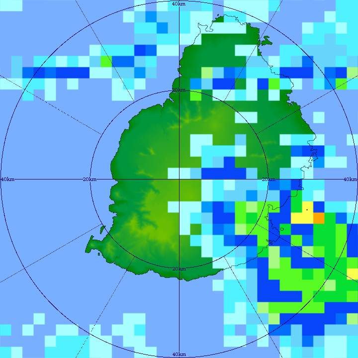 16/07h11. L'image radar de TAC montre une cellule active(orange) tutoyant la frange littorale Sud-Est de MAURICE. MMS/VACOAS.