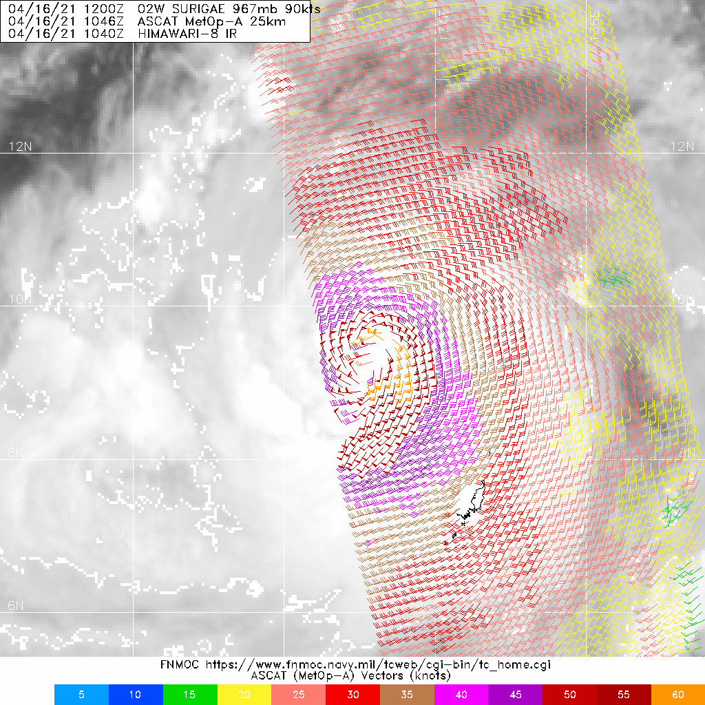 02W(SURIGAE).16/1046UTC METOP-A ASCAT  PASS CLEARLY DEPICTS THE LOW LEVEL CIRCULATION CENTER (LLCC).  ADDITIONALLY, WIND RADII HAVE BEEN ADJUSTED BASED ON THE  ASCAT PASS.