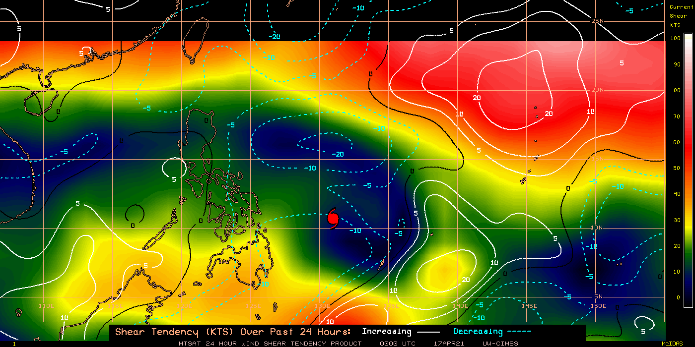 02W(SURIGAE). 02W(SURIGAE).24H SHEAR TENDENCY.UW-CIMSS Experimental Vertical Shear and TC Intensity Trend Estimates: CIMSS Vertical Shear Magnitude : 5.5 m/s (10.8 kts)Direction : 101.5deg  Outlook for TC Intensification Based on Current Env. Shear Values and MPI Differential: FAVOURABLE OVER 24H.