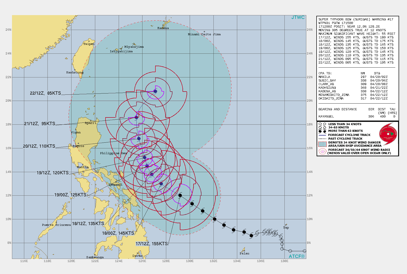 02W(SURIGAE). WARNING 17 ISSUED AT 17/15UTC.ENVIRONMENTAL ANALYSIS INDICATES ROBUST EQUATORWARD AND POLEWARD  OUTFLOW, LOW (5-10 KTS) VERTICAL WIND SHEAR, AND WARM (29-30C) SEA  SURFACE TEMPERATURES IN THE PHILIPPINE SEA CONTRIBUTING TO AN  OVERALL FAVORABLE ENVIRONMENT. SUPER TYPHOON(STY) 02W IS TRACKING TOWARD A BREAK IN  THE RIDGE TO THE NORTH.STY 02W WILL CONTINUE ON ITS CURRENT NORTHWESTWARD TRACK.  AFTER 12H, THE SPLIT SUBTROPICAL RIDGE (STR) TO THE NORTHEAST  WILL BUILD, REORIENT AND TAKE OVER AS THE PRIMARY STEERING  MECHANISM, DRIVING THE CYCLONE TO A SLOW NORTHWARD TRAJECTORY AS IT  ENTERS A WEAK STEERING ENVIRONMENT. AS THE SYSTEM GAINS LATITUDE,  DIVERGENCE ALOFT WILL DECREASE AND CAUSE THE SYSTEM TO SLOWLY  WEAKEN, DOWN TO 110KNOTS/CAT 3 BY 72H. AFTER 72H, STY SURIGAE WILL CONTINUE NORTHWARD ALONG THE  WESTERN PERIPHERY OF THE STR, CREST THE AXIS, THEN ACCELERATE  NORTHEASTWARD ON THE POLEWARD SIDE. AS IT MOVES FURTHER NORTH, THE  ENVIRONMENT WILL SLOWLY BECOME LESS FAVORABLE AS UPPER LEVEL  DIVERGENCE CONTINUES TO DECREASE LEADING TO GRADUAL WEAKENING,  DOWN TO 85KNOTS/CAT 2 BY 120H.