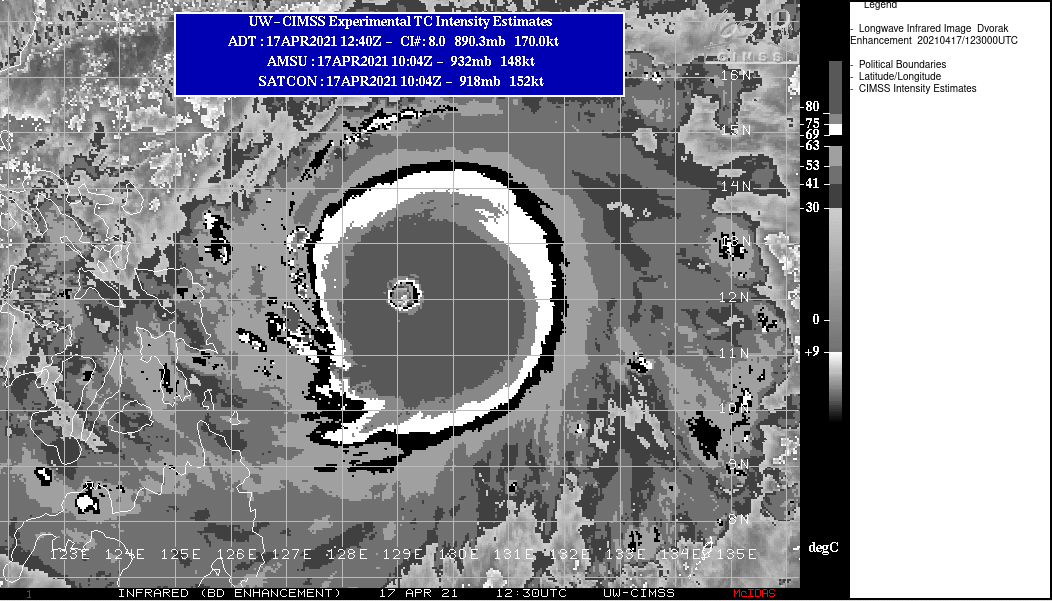 02W(SURIGAE). 17/1230UTC. THE INITIAL INTENSITY OF 155KNOTS/CAT 5 IS BASED ON AN OVERALL ASSESSMENT OF AGENCY  DVORAK ESTIMATES OF T7.0/140KTS (PGTW/RCTP), T7.5/155KTS (RJTD); AND  THE OBJECTIVE ESTIMATES OF T7.9/167KTS (ADT) AND 152KTS (SATCON)  THAT REFLECTS THE CONTINUED RAPID INTENSIFICATION OF THE SYSTEM.  KNES AT 17/1130UTC HAD A DVORAK ANALYSIS OF 8.0/8.0. 02W(SURIGAE). 17/1230UTC. THE INITIAL INTENSITY OF 155KNOTS/CAT 5 IS BASED ON AN OVERALL ASSESSMENT OF AGENCY  DVORAK ESTIMATES OF T7.0/140KTS (PGTW/RCTP), T7.5/155KTS (RJTD); AND  THE OBJECTIVE ESTIMATES OF T7.9/167KTS (ADT) AND 152KTS (SATCON)  THAT REFLECTS THE CONTINUED RAPID INTENSIFICATION OF THE SYSTEM.  KNES AT 17/1130UTC HAD A DVORAK ANALYSIS OF 8.0/8.0.