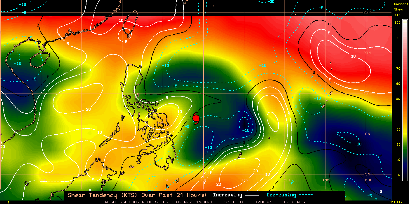 02W(SURIGAE). 02W(SURIGAE).24H SHEAR TENDENCY.UW-CIMSS Experimental Vertical Shear and TC Intensity Trend Estimates: CIMSS Vertical Shear Magnitude : 9.8 m/s (19.0 kts)Direction : 83.6deg Outlook for TC Intensification Based on Current Env. Shear Values and MPI Differential: NEUTRAL OVER 24H. 02W(SURIGAE). 02W(SURIGAE).24H SHEAR TENDENCY.UW-CIMSS Experimental Vertical Shear and TC Intensity Trend Estimates: CIMSS Vertical Shear Magnitude : 9.8 m/s (19.0 kts)Direction : 83.6deg Outlook for TC Intensification Based on Current Env. Shear Values and MPI Differential: NEUTRAL OVER 24H.