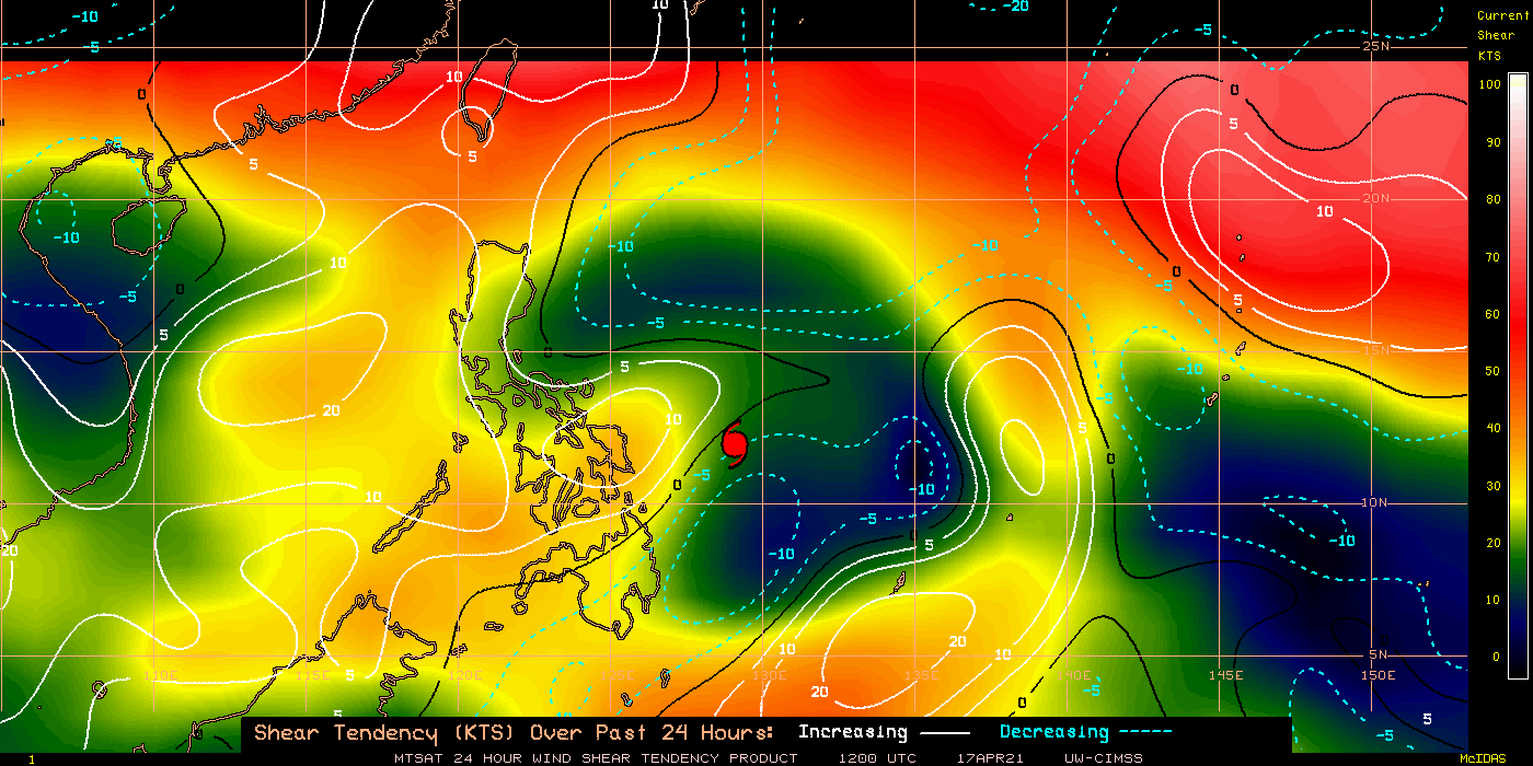 02W(SURIGAE). 02W(SURIGAE).24H SHEAR TENDENCY.UW-CIMSS Experimental Vertical Shear and TC Intensity Trend Estimates: CIMSS Vertical Shear Magnitude : 9.8 m/s (19.0 kts)Direction : 83.6deg Outlook for TC Intensification Based on Current Env. Shear Values and MPI Differential: NEUTRAL OVER 24H.