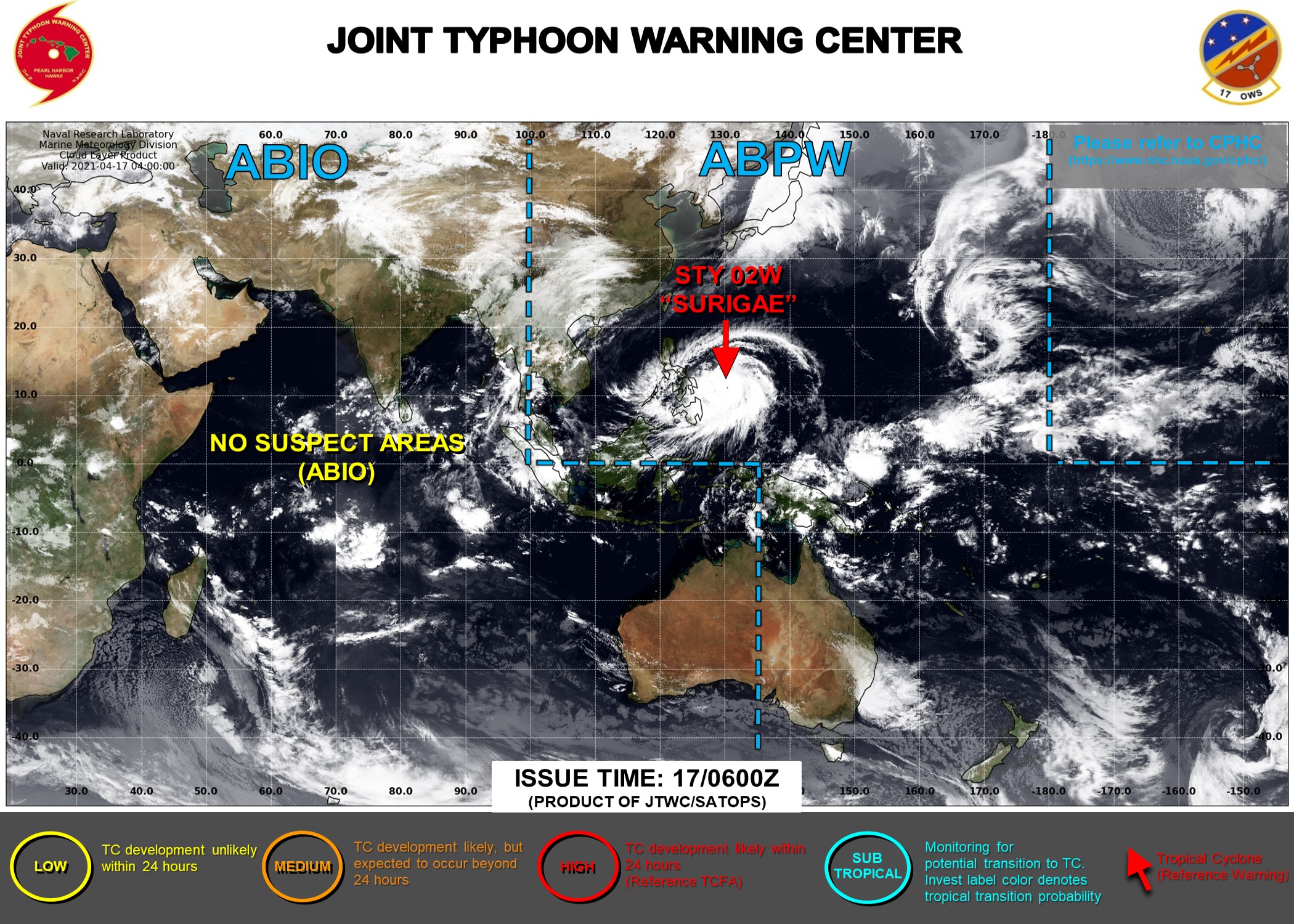 17/15UTC. THE JTWC HAS BEEN ISSUING 6HOURLY WARNINGS ON 02W(SURIGAE) AND 3HOURLY SATELLITE BULLETINS. 17/15UTC. THE JTWC HAS BEEN ISSUING 6HOURLY WARNINGS ON 02W(SURIGAE) AND 3HOURLY SATELLITE BULLETINS.
