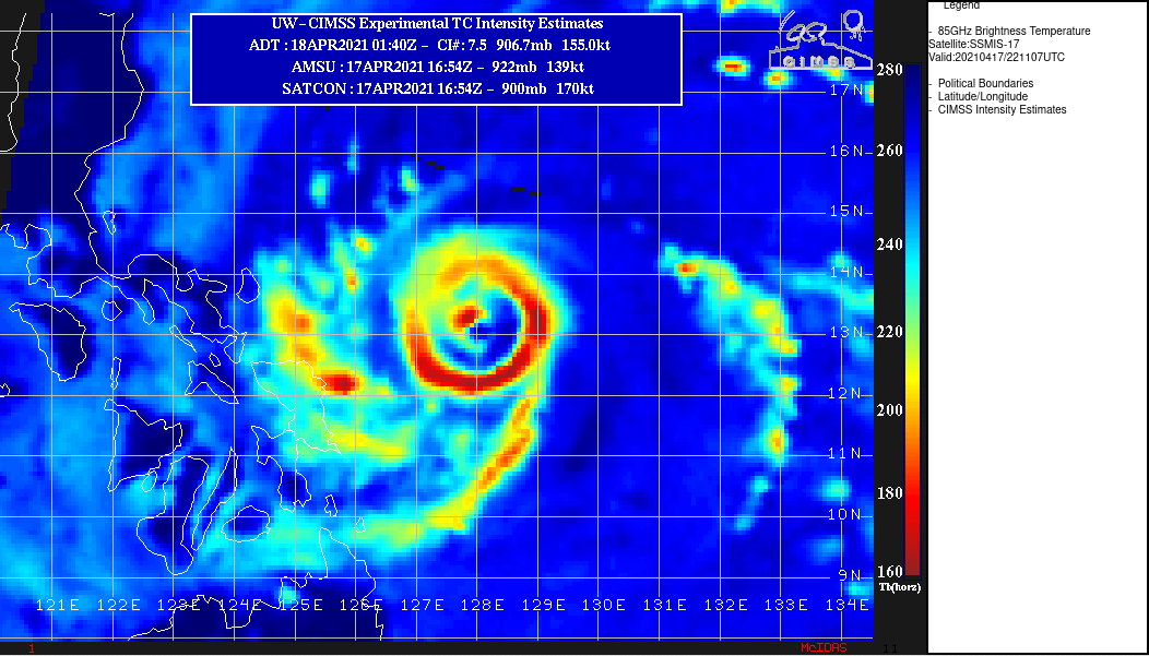 02W(SURIGAE). 17/2211UTC.A MOAT BEGAN TO FORM ON THE EASTERN PORTION OF THE EYEWALL INDICATED ON THIS 91GHZ MICROWAVE IMAGE, FURTHER EVIDENCED BY AN EYEWALL  REPLACEMENT CYCLE(ERC) ON THE CIMSS M-PERC MODEL.