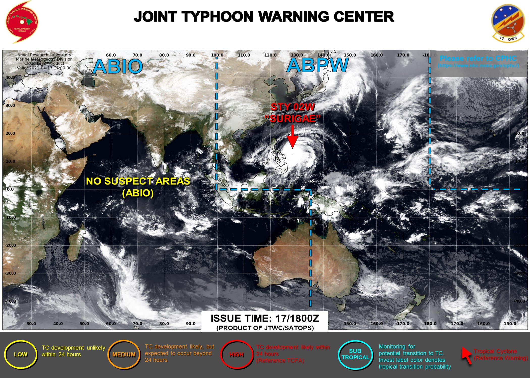 18/03UTC. THE JTWC HAS BEEN ISSUING 6HOURLY WARNINGS ON 02W(SURIGAE) AND 3HOURLY SATELLITE BULLETINS.