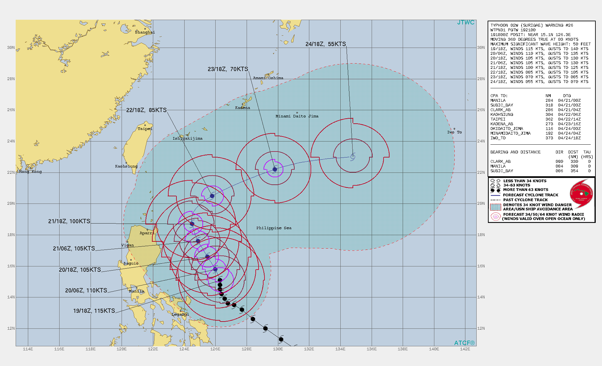 02W(SURIGAE). WARNING 26 ISSUED AT 19/21UTC.THE CURRENT INTENSITY IS LOWERED SLIGHTLY TO 115  KNOTS/CAT4, BASED ON THE PGTW FIX OF T6.0/6.5 AND ADT ESTIMATES OF T6.0.  COUPLED HWRF/HYCOM OCEAN ANALYSIS SUGGESTS THAT SLOW MOVEMENT OF THE  LARGE TYPHOON IS INDUCING COOLING OF THE UNDERLYING WATER, POSSIBLY  CONTRIBUTING TO THE CURRENT RAGGEDNESS OF INNER CORE CONVECTION AND  GRADUAL DECREASE IN INTENSITY. SURIGAE REMAINS SITUATED IN AN  OTHERWISE FAVORABLE ENVIRONMENT, LOCATED JUST SOUTH OF THE AXIS OF A  200MB RIDGE, WITH LIGHT VERTICAL WIND SHEAR OF 5-10 KTS. WATER VAPOR  SATELLITE IMAGERY DEPICTS A COOL, DRY MID-LATITUDE AIR MASS GETTING  PULLED SOUTHWARD OVER LUZON ON THE WEST SIDE OF THE TYPHOON, BUT  THERE IS NO EVIDENCE THAT THIS AIR MASS IS GETTING ENTRAINED INTO  THE STORM CORE AT THIS TIME.SURIGAE IS EXPECTED TO CONTINUE MOVING SLOWLY NORTH- NORTHWESTWARD DURING THE NEXT 48 HOURS AS A WEAK UPPER-LEVEL RIDGE  TO ITS EAST CONTINUES TO INDUCE A WEAK SOUTHERLY STEERING FLOW. THIS  STEERING FLOW MAY STRENGTHEN SLIGHTLY AS A LOW-AMPLITUDE UPPER-LEVEL  RIDGE WITHIN THE SUBTROPICAL JET (STJ) TRANSLATES EASTWARD FROM THE  VICINITY OF TAIWAN TO THE NORTH OF THE TYPHOON. THUS, FORWARD SPEED  IS EXPECTED TO INCREASE SLIGHTLY FROM THE CURRENT SLOTHFUL PACE  WITHIN THE NEXT 12-24 HOURS. AFTER 48 HOURS, SURIGAE WILL ROUND THE  NORTHWESTERN PERIPHERY OF THE RIDGE TO ITS EAST, AND A SHORTWAVE  TROUGH WILL APPROACH FROM THE NORTHWEST OVER EASTERN CHINA. THE  RESULTING INCREASE IN MID-LEVEL WESTERLY FLOW WILL ACCELERATE AND  TURN THE CYCLONE NORTHEASTWARD BY 72 HOURS. THE TRACK FORECAST  THROUGH 72 HOURS IS NUDGED SLIGHTLY EASTWARD COMPARED TO THE  PREVIOUS ONE TO ACCOUNT FOR THE MORE NORTHWARD TREND IN SHORT-TERM  MOTION, BUT REMAINS OF HIGH CONFIDENCE. THE INTENSITY FORECAST  THROUGH 48 HOURS IS EXPECTED TO LARGELY BE A FUNCTION OF DYNAMIC  OCEAN COOLING OCCURRING BENEATH SURIGAE, WHICH SHOULD CONTINUE AS  THE TYPHOON MOVES SLOWLY. GRADUAL WEAKENING TO 100 KNOTS/CAT3 IS FORECAST  BY 48 HOURS. THEREAFTER, VERTICAL WIND SHEAR IS EXPECTED TO INCREASE  AS THE TYPHOON TURNS NORTHEASTWARD, IN RESPONSE TO INCREASING  WESTERLY MID-LEVEL FLOW AND A COOLING OF BACKGROUND SEA SURFACE  TEMPERATURES FROM 28C TO AROUND 26C. QUICKER WEAKENING IS LIKELY  AFTER 48 HOURS AS THIS OCCURS.DURING THE 96-120 HOUR PERIOD, SURIGAE IS EXPECTED TO INTERACT  WITH A STRONG LOW-LEVEL BAROCLINIC ZONE SOUTH OF JAPAN, PRESSING  SOUTHWARD ACROSS THE RYUKYU ISLANDS. THIS SHOULD CATALYZE THE  PROCESS OF EXTRATROPICAL TRANSITION. WEAKENING BELOW TYPHOON  INTENSITY IS FORECAST THROUGH 120 HOURS, AS THE INTERACTION WITH THE  STJ IS NOT PARTICULARLY FAVORABLE FOR BAROCLINIC-INDUCED  REINTENSIFICATION AS A POSITIVELY-TILTED SHORTWAVE TROUGH DIGS  THROUGH THE EAST CHINA SEA DUE WEST OF THE CYCLONE.