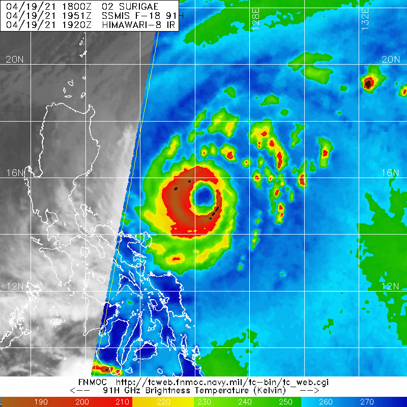 02W(SURIGAE). 19/1951UTC.CONTINUES TO MAINTAIN A LARGE, CLEARLY-DEFINED  EYE OF 55 KM DIAMETER IN ANIMATED ENHANCED INFRARED (EIR) SATELLITE  IMAGERY. SOME EROSION OF DEEP CONVECTION IN THE INNER CORE HAS BEEN  NOTED OVER THE PAST SIX HOURS, PERIODICALLY CAUSING THE APPEARANCE  OF A DRY MOAT BETWEEN THE 55 KM EYEWALL AND A LARGER, OUTER RING OF  DEEP CONVECTION APPROXIMATELY 95 KM IN DIAMETER. THIS OUTER RING  APPEARS TO BE THE DOMINANT FEATURE IN THIS MICROWAVE IMAGE. 02W(SURIGAE). 19/1951UTC.CONTINUES TO MAINTAIN A LARGE, CLEARLY-DEFINED  EYE OF 55 KM DIAMETER IN ANIMATED ENHANCED INFRARED (EIR) SATELLITE  IMAGERY. SOME EROSION OF DEEP CONVECTION IN THE INNER CORE HAS BEEN  NOTED OVER THE PAST SIX HOURS, PERIODICALLY CAUSING THE APPEARANCE  OF A DRY MOAT BETWEEN THE 55 KM EYEWALL AND A LARGER, OUTER RING OF  DEEP CONVECTION APPROXIMATELY 95 KM IN DIAMETER. THIS OUTER RING  APPEARS TO BE THE DOMINANT FEATURE IN THIS MICROWAVE IMAGE.