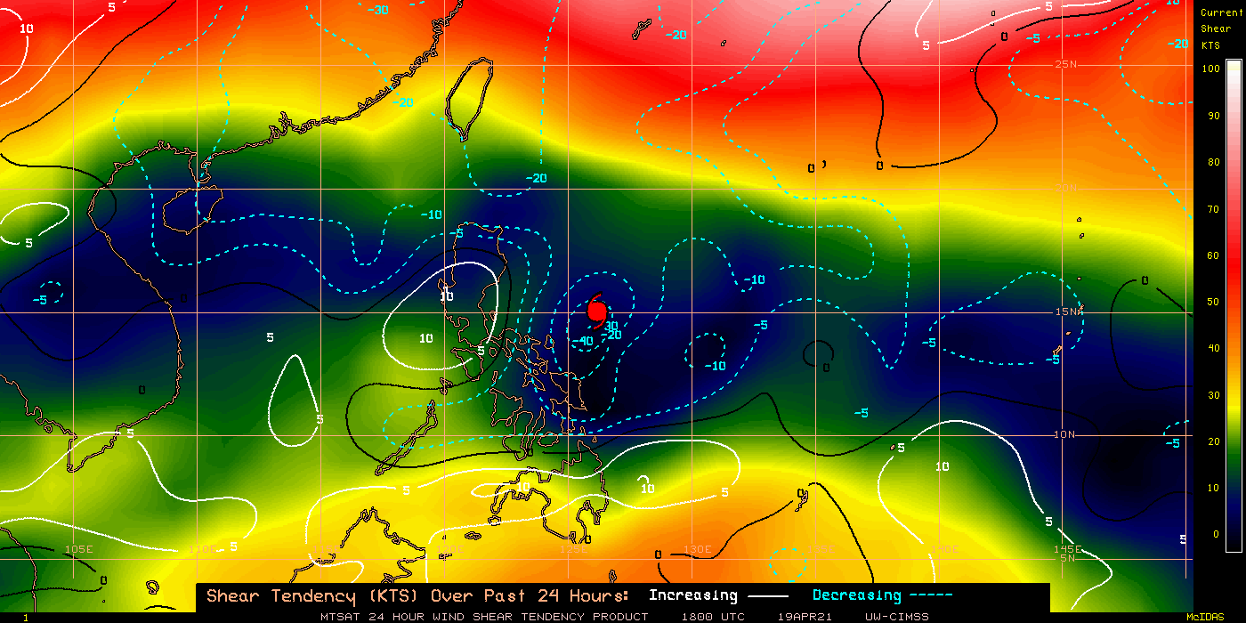 02W(SURIGAE). 02W(SURIGAE).24H SHEAR TENDENCY.UW-CIMSS Experimental Vertical Shear and TC Intensity Trend Estimates: CIMSS Vertical Shear Magnitude : 3.5 m/s (6.7 kts)Direction : 134.1deg Outlook for TC Intensification Based on Current Env. Shear Values and MPI Differential: FAVOURABLE OVER 24H. 02W(SURIGAE). 02W(SURIGAE).24H SHEAR TENDENCY.UW-CIMSS Experimental Vertical Shear and TC Intensity Trend Estimates: CIMSS Vertical Shear Magnitude : 3.5 m/s (6.7 kts)Direction : 134.1deg Outlook for TC Intensification Based on Current Env. Shear Values and MPI Differential: FAVOURABLE OVER 24H.