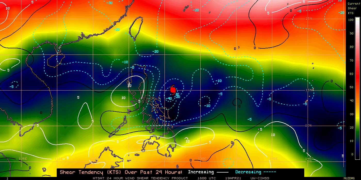 02W(SURIGAE). 02W(SURIGAE).24H SHEAR TENDENCY.UW-CIMSS Experimental Vertical Shear and TC Intensity Trend Estimates: CIMSS Vertical Shear Magnitude : 3.5 m/s (6.7 kts)Direction : 134.1deg Outlook for TC Intensification Based on Current Env. Shear Values and MPI Differential: FAVOURABLE OVER 24H.