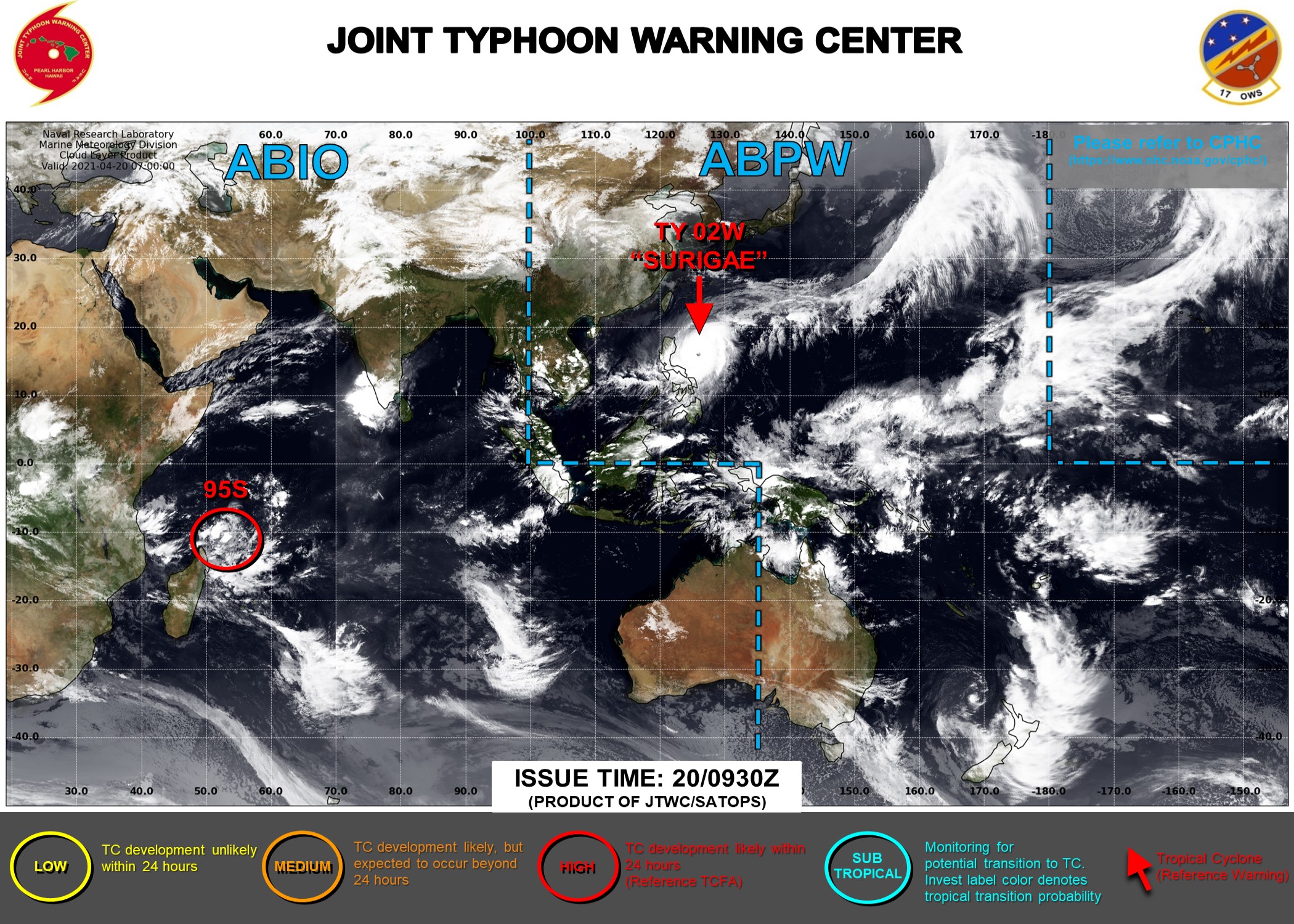 20/0930UTC. THE JTWC IS ISSUING 6HOURLY WARNINGS ON 02W(SURIGAE) AND 3HOURLY SATELLITE BULLETINS. INVEST 95S IS UP-GRADED TO HIGH: WINDS ARE LIKELY TO REACH AT LEAST 35KNOTS CLOSE TO THE CENTER WITHIN 24HOURS. 3HOURLY SATELLITE BULLETINS ARE NOW ISSUED ON 95S.