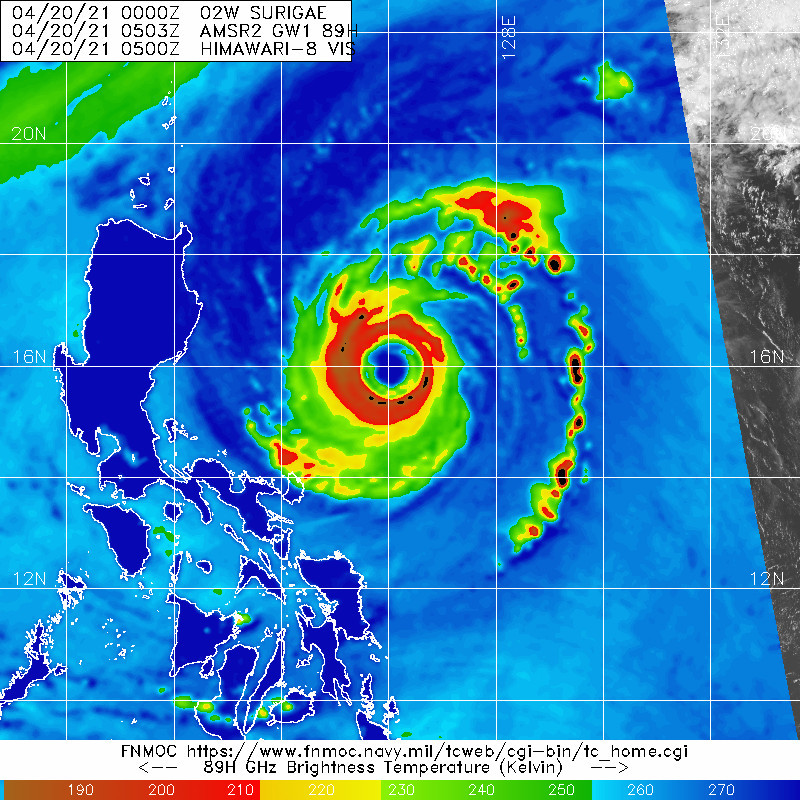 02W(SURIGAE). 20/0503UTC.AMSR2 MICROWAVE PASS CONFIRMED A VERY WELL DEFINED  AND INTENSE 55-KM EYEWALL AND THE 37GHZ IMAGE REVEALED A SMALLER AND  WEAKER INNER EYEWALL AT ABOUT 28-KM FROM THE CENTER. AMSR2  WINDSPEED MEASUREMENT IS 110 KNOTS.