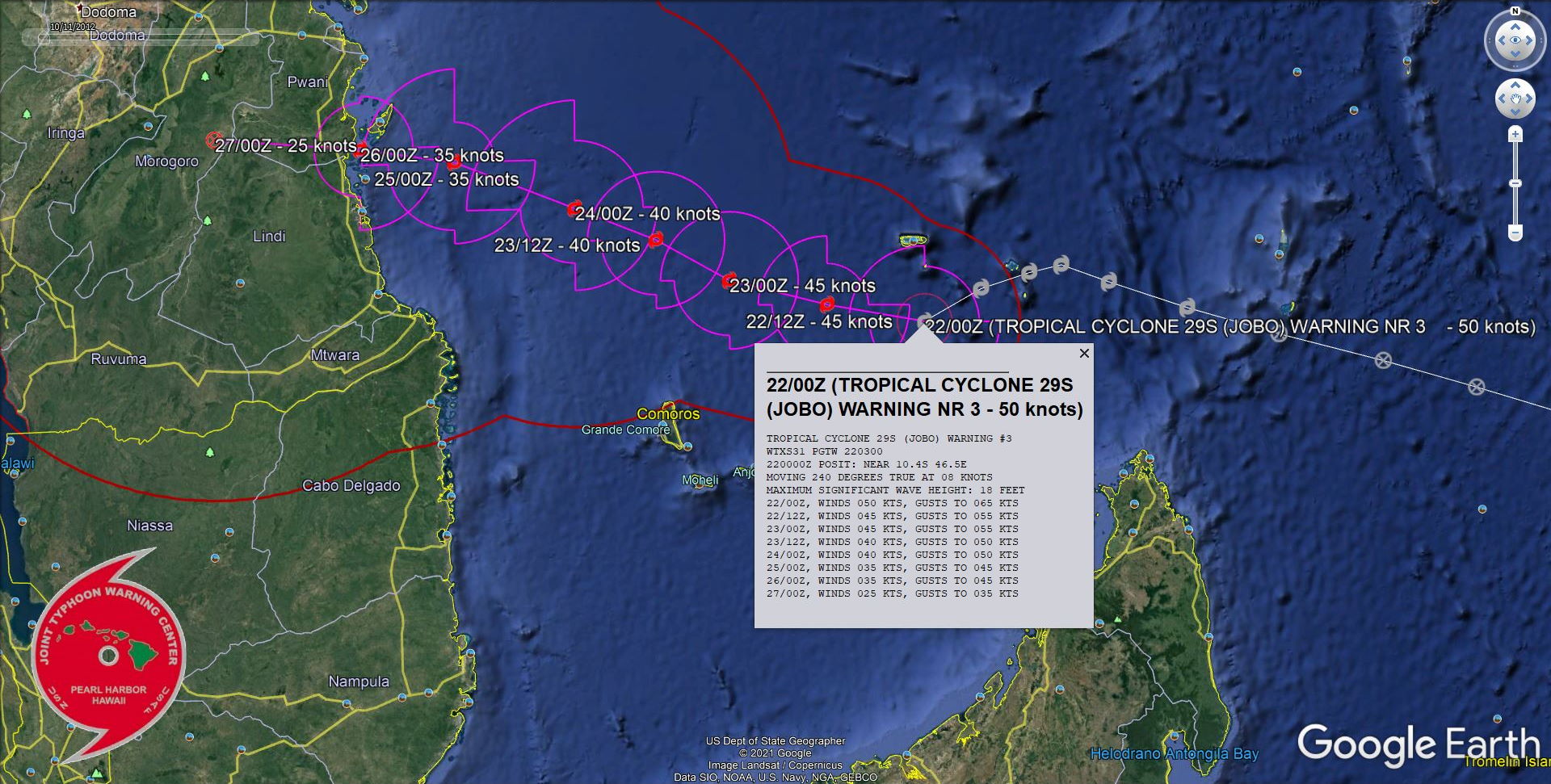 29S(JOBO). WARNING 3 ISSUED AT 22/03UTC.THE SYSTEM IS TRACKING DIRECTLY UNDERNEATH THE SUBTROPICAL RIDGE IN AN AREA OF WEAK STEERING AND  MODERATE (20-25 KTS) VERTICAL WIND SHEAR. DESPITE THIS MODERATE VWS  AND CONVERGENT FLOW ALOFT, THE SYSTEM IS TRACKING OVER VERY  FAVORABLE 29 DEGREE CELSIUS SEA SURFACE TEMPERATURES. TC JOBO WILL  CONTINUE TO TRACK GENERALLY WESTWARD THROUGH THE REMAINDER OF THE  FORECAST PERIOD. DESPITE LOWER AND MORE FAVORABLE VWS AFTER 24H,  CONTINUED CONVERGENT FLOW ALOFT WILL HINDER INTENSIFICATION. OF  NOTE, THE POSSIBILITY EXISTS THAT TC JOBO WILL INTENSIFY JUST PRIOR  TO LANDFALL. THIS SCENARIO IS CAPTURED IN THE MESOSCALE HWRF  SOLUTION NEAR 96H; HOWEVER, IT IS NOT REFLECTED IN ANY OTHER  MEMBERS OF THE ICNW CONSENSUS. 29S (JOBO) WILL  MOVE ASHORE OVER MOZAMIBIQUE JUST AFTER 96H AND SUBSEQUENTLY  DISSIPATE OVER LAND BY 120H. 29S(JOBO). WARNING 3 ISSUED AT 22/03UTC.THE SYSTEM IS TRACKING DIRECTLY UNDERNEATH THE SUBTROPICAL RIDGE IN AN AREA OF WEAK STEERING AND  MODERATE (20-25 KTS) VERTICAL WIND SHEAR. DESPITE THIS MODERATE VWS  AND CONVERGENT FLOW ALOFT, THE SYSTEM IS TRACKING OVER VERY  FAVORABLE 29 DEGREE CELSIUS SEA SURFACE TEMPERATURES. TC JOBO WILL  CONTINUE TO TRACK GENERALLY WESTWARD THROUGH THE REMAINDER OF THE  FORECAST PERIOD. DESPITE LOWER AND MORE FAVORABLE VWS AFTER 24H,  CONTINUED CONVERGENT FLOW ALOFT WILL HINDER INTENSIFICATION. OF  NOTE, THE POSSIBILITY EXISTS THAT TC JOBO WILL INTENSIFY JUST PRIOR  TO LANDFALL. THIS SCENARIO IS CAPTURED IN THE MESOSCALE HWRF  SOLUTION NEAR 96H; HOWEVER, IT IS NOT REFLECTED IN ANY OTHER  MEMBERS OF THE ICNW CONSENSUS. 29S (JOBO) WILL  MOVE ASHORE OVER MOZAMIBIQUE JUST AFTER 96H AND SUBSEQUENTLY  DISSIPATE OVER LAND BY 120H.
