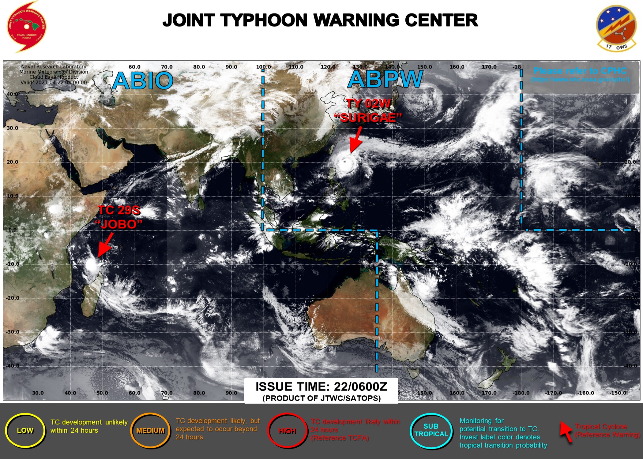 22/06UTC. THE JTWC IS ISSUING 6HOURLY WARNINGS ON 02W(SURIGAE AND 12HOURLY WARNINGS ON 29S(JOBO). 3HOURLY SATELLITE BULLETINS ARE ISSUED FOR BOTH SYSTEMS. 22/06UTC. THE JTWC IS ISSUING 6HOURLY WARNINGS ON 02W(SURIGAE AND 12HOURLY WARNINGS ON 29S(JOBO). 3HOURLY SATELLITE BULLETINS ARE ISSUED FOR BOTH SYSTEMS.