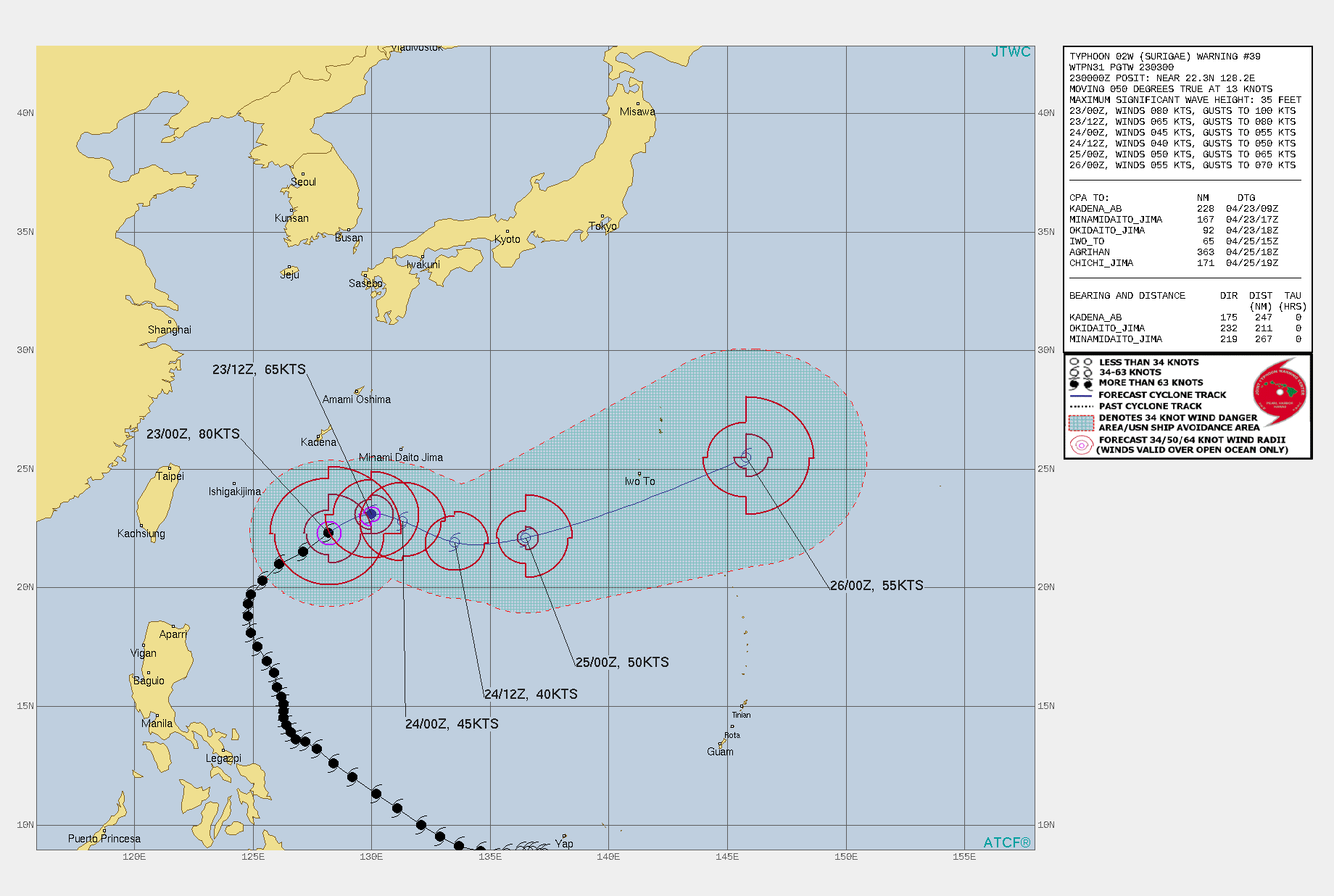 02W(SURIGAE). WARNING 39 ISSUED AT 23/03UTC.TY 02W (SURIGAE) IS TRACKING TOWARDS THE BAROCLINIC ZONE  IN GOOD AGREEMENT WITH PREVIOUS FORECAST EXPECTATIONS. ANIMATED  WATER VAPOR IMAGERY AND CROSS SECTION DATA VERIFIES A SURGE IN DRY  AIR ENTRAINMENT OVER THE WESTERN SEMICIRCLE WHICH IS WRAPPING  TOWARDS THE LOW LEVEL CIRCULATION CENTER (LLCC). THE CLOUD SHIELD  HAS SHEARED WELL TO THE NORTHEAST OF THE LLCC, BUT THE LOW LEVEL  VORTEX REMAINS INTACT.TY SURIGAE HAS  TRACKED INTO A ZONE OF HIGH VERTICAL WIND SHEAR AND FALLING SEA  SURFACE TEMPERATURES AS IT MOVES ALONG THE PERIPHERY OF A  SUBTROPICAL RIDGE TO THE SOUTHEAST. IN THE NEAR TERM, TWO SHORTWAVES ARE EXPECTED TO IMPACT TY  02W. THE FIRST SHORTWAVE IS NOT EXPECTED TO ALTER THE STEERING OR  BAROTROPIC CORE OF THE SYSTEM. AFTERWARDS, A SHORTWAVE RIDGE BEHIND  THE SYSTEM WILL DRIVE THE LLCC TO THE SOUTHWEST THROUGH 36H WHEN  THE SYSTEM WILL TURN TO THE NORTHEAST AND BEGIN TRACKING INTO THE  BAROCLINIC ZONE. A SECOND, MORE VIGOROUS SHORTWAVE WILL THEN MOVE  OVER THE SYSTEM NEAR 48H AND CAUSE THE SYSTEM TO BEGIN  EXTRATROPICAL TRANSITION (ETT). BY 72H, TY 02W IS EXPECTED TO  COMPLETE ETT AS IT TRACKS INTO THE NORTH CENTRAL PACIFIC AS VIGOROUS  GALE FORCE MID-LATITUDE LOW. 02W(SURIGAE). WARNING 39 ISSUED AT 23/03UTC.TY 02W (SURIGAE) IS TRACKING TOWARDS THE BAROCLINIC ZONE  IN GOOD AGREEMENT WITH PREVIOUS FORECAST EXPECTATIONS. ANIMATED  WATER VAPOR IMAGERY AND CROSS SECTION DATA VERIFIES A SURGE IN DRY  AIR ENTRAINMENT OVER THE WESTERN SEMICIRCLE WHICH IS WRAPPING  TOWARDS THE LOW LEVEL CIRCULATION CENTER (LLCC). THE CLOUD SHIELD  HAS SHEARED WELL TO THE NORTHEAST OF THE LLCC, BUT THE LOW LEVEL  VORTEX REMAINS INTACT.TY SURIGAE HAS  TRACKED INTO A ZONE OF HIGH VERTICAL WIND SHEAR AND FALLING SEA  SURFACE TEMPERATURES AS IT MOVES ALONG THE PERIPHERY OF A  SUBTROPICAL RIDGE TO THE SOUTHEAST. IN THE NEAR TERM, TWO SHORTWAVES ARE EXPECTED TO IMPACT TY  02W. THE FIRST SHORTWAVE IS NOT EXPECTED TO ALTER THE STEERING OR  BAROTROPIC CORE OF THE SYSTEM. AFTERWARDS, A SHORTWAVE RIDGE BEHIND  THE SYSTEM WILL DRIVE THE LLCC TO THE SOUTHWEST THROUGH 36H WHEN  THE SYSTEM WILL TURN TO THE NORTHEAST AND BEGIN TRACKING INTO THE  BAROCLINIC ZONE. A SECOND, MORE VIGOROUS SHORTWAVE WILL THEN MOVE  OVER THE SYSTEM NEAR 48H AND CAUSE THE SYSTEM TO BEGIN  EXTRATROPICAL TRANSITION (ETT). BY 72H, TY 02W IS EXPECTED TO  COMPLETE ETT AS IT TRACKS INTO THE NORTH CENTRAL PACIFIC AS VIGOROUS  GALE FORCE MID-LATITUDE LOW.