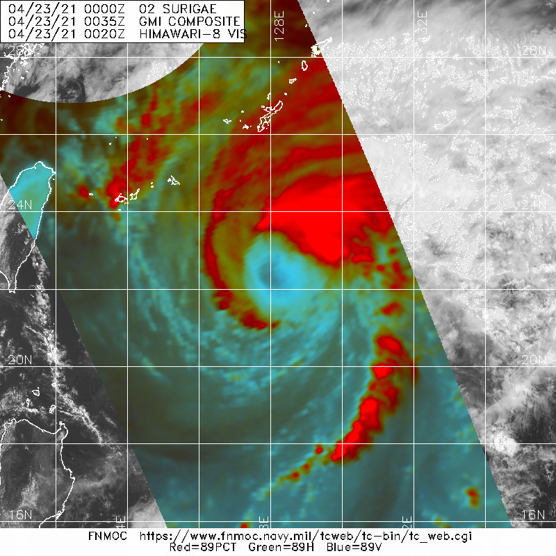 02W(SURIGAE). 23/0035UTC. GMI 89GHZ MICROWAVE IMAGE THAT IS IN  GOOD AGREEMENT WITH THE PGTW, RJTD, AND RCTP SATELLITE FIXES. THE  MICROWAVE IMAGERY CONFIRMS THAT THE DEEP CONVECTION IS BEING  SUSTAINED OVER THE EASTERN SEMICIRCLE, INDICATING AN INCREASINGLY  ASYMMETRIC CLOUD SHIELD. 02W(SURIGAE). 23/0035UTC. GMI 89GHZ MICROWAVE IMAGE THAT IS IN  GOOD AGREEMENT WITH THE PGTW, RJTD, AND RCTP SATELLITE FIXES. THE  MICROWAVE IMAGERY CONFIRMS THAT THE DEEP CONVECTION IS BEING  SUSTAINED OVER THE EASTERN SEMICIRCLE, INDICATING AN INCREASINGLY  ASYMMETRIC CLOUD SHIELD.