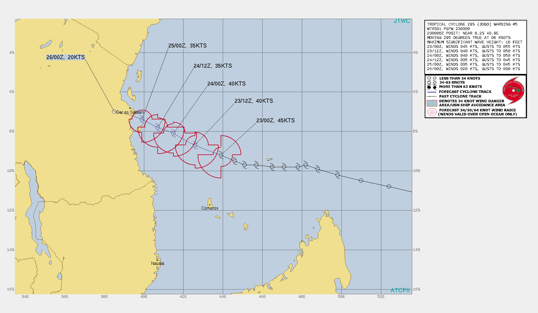 29S(JOBO). WARNING 5 ISSUED AT 23/03UTC. BOTH ENHANCED INFRARED  AND ANIMATED WATER VAPOR SHOW A CONVECTIVE BLOOM OVER THE PAST THREE  HOURS. ADDITIONALLY, THE WATER VAPOR IMAGERY INDICATES VERTICAL  WIND SHEAR HAS EASED SIGNIFICANTLY (BELOW 15 KTS). THIS IS REFLECTED  IN THE RECENT ORGANIZATION AND INTENSIFICATION OF THE SYSTEM. THE  CURRENT INTENSITY IS MAINTAINED AT 45 KNOTS BASED ON THE DVORAK  ASSESSMENT OF T3.0 (45 KTS) FROM PGTW AND SUPPORTED BY AN ADT VALUE  OF 49 KNOTS. TC 29S IS POSITIONED DIRECTLY UNDERNEATH THE SPINE OF A  SUBTROPICAL RIDGE DEPICTED ON THE 221200Z PGTW UPPER LEVEL  STREAMLINE ANALYSIS WITH SEA SURFACE TEMPERATURES OF 29 DEGREES  CELSIUS ALONG THE ENTIRETY OF THE TRACK. ALTHOUGH LOW VERTICAL WIND SHEAR AND ABUNDANT MID- AND HIGH-LEVEL  MOISTURE ARE ASSOCIATED WITH THIS SYSTEM, VERTICAL CROSS SECTIONS  ALONG THE STORMS BEARING INDICATE A LAYER OF DRY AREA BETWEEN 3 AND  10 FT THAT WILL STIFLE ANY MAJOR SURGES IN INTENSIFICATION. ONCE TC  JOBO MAKES LANDFALL, IT WILL QUICKLY DISSIPATE AS IT MOVES INLAND. 29S(JOBO). WARNING 5 ISSUED AT 23/03UTC. BOTH ENHANCED INFRARED  AND ANIMATED WATER VAPOR SHOW A CONVECTIVE BLOOM OVER THE PAST THREE  HOURS. ADDITIONALLY, THE WATER VAPOR IMAGERY INDICATES VERTICAL  WIND SHEAR HAS EASED SIGNIFICANTLY (BELOW 15 KTS). THIS IS REFLECTED  IN THE RECENT ORGANIZATION AND INTENSIFICATION OF THE SYSTEM. THE  CURRENT INTENSITY IS MAINTAINED AT 45 KNOTS BASED ON THE DVORAK  ASSESSMENT OF T3.0 (45 KTS) FROM PGTW AND SUPPORTED BY AN ADT VALUE  OF 49 KNOTS. TC 29S IS POSITIONED DIRECTLY UNDERNEATH THE SPINE OF A  SUBTROPICAL RIDGE DEPICTED ON THE 221200Z PGTW UPPER LEVEL  STREAMLINE ANALYSIS WITH SEA SURFACE TEMPERATURES OF 29 DEGREES  CELSIUS ALONG THE ENTIRETY OF THE TRACK. ALTHOUGH LOW VERTICAL WIND SHEAR AND ABUNDANT MID- AND HIGH-LEVEL  MOISTURE ARE ASSOCIATED WITH THIS SYSTEM, VERTICAL CROSS SECTIONS  ALONG THE STORMS BEARING INDICATE A LAYER OF DRY AREA BETWEEN 3 AND  10 FT THAT WILL STIFLE ANY MAJOR SURGES IN INTENSIFICATION. ONCE TC  JOBO MAKES LANDFALL, IT WILL QUICKLY DISSIPATE AS IT MOVES INLAND.
