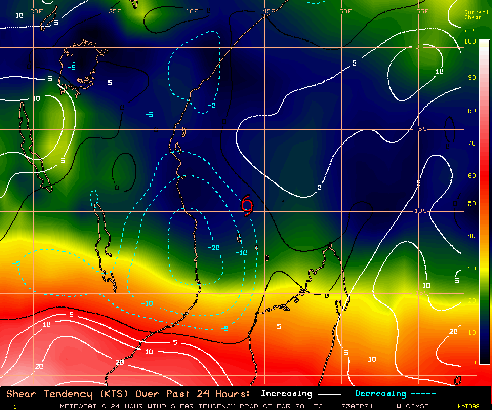29S(JOBO).29S(JOBO). 24H SHEAR TENDENCY.UW-CIMSS Experimental Vertical Shear and TC Intensity Trend Estimates: CIMSS Vertical Shear Magnitude : 5.4 m/s (10.4 kts)Direction : 281.9deg Outlook for TC Intensification Based on Current Env. Shear Values and MPI Differential: FAVOURABLE OVER 24H . 29S(JOBO).29S(JOBO). 24H SHEAR TENDENCY.UW-CIMSS Experimental Vertical Shear and TC Intensity Trend Estimates: CIMSS Vertical Shear Magnitude : 5.4 m/s (10.4 kts)Direction : 281.9deg Outlook for TC Intensification Based on Current Env. Shear Values and MPI Differential: FAVOURABLE OVER 24H .
