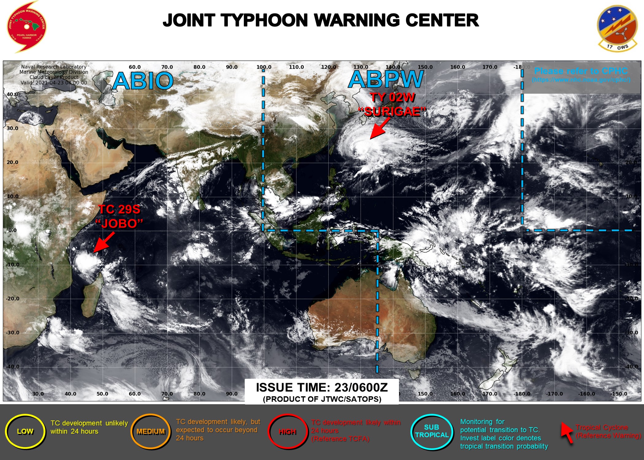 23/06UTC. THE JTWC IS ISSUING 6HOURLY WARNINGS ON 02W(SURIGAE AND 12HOURLY WARNINGS ON 29S(JOBO). 3HOURLY SATELLITE BULLETINS ARE ISSUED FOR BOTH SYSTEMS.