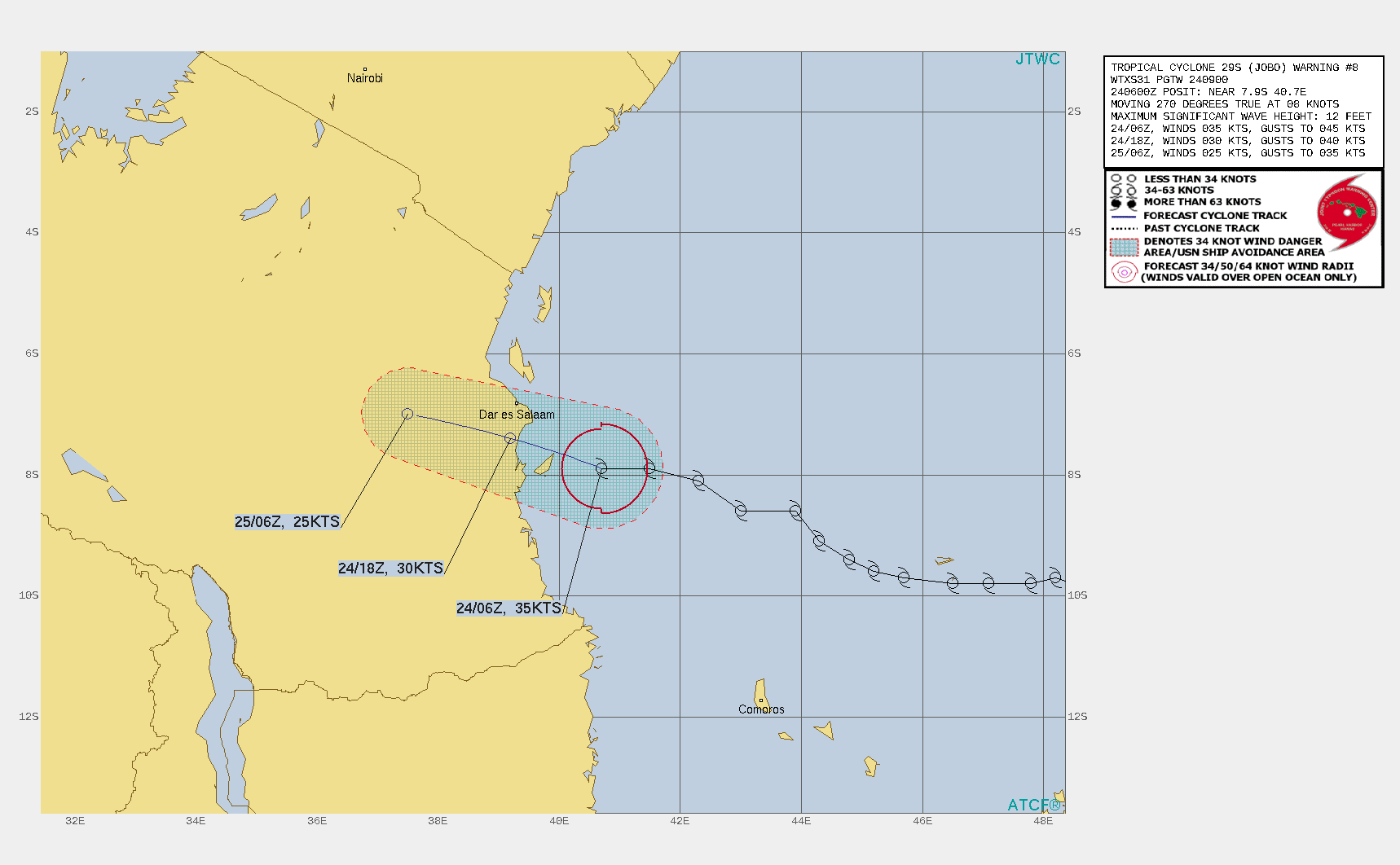 29S(JOBO). WARNING 8 ISSUED AT 24/09UTC.TC JOBO IS MOVING SLOWLY WEST-NORTHWESTWARD  ALONG THE NORTHERN PERIPHERY OF AN EAST-WEST ORIENTED LOW TO MID- LEVEL STR. THE OVERALL ENVIRONMENT REMAINS FAVORABLE, WITH LOW (10- 15KT) VWS, AND VERY WARM (29-30C) SSTS. THE MAIN HINDRANCE TO ANY  SIGNIFICANT DEVELOPMENT PRIOR TO LANDFALL IS THE PRESENCE OF A  REGION OF RELATIVELY DRIER AIR TO THE WEST, PROHIBITING THE RECENT  FLARING CONVECTION FROM EXPANDING AND PERSISTING. JOBO IS EXPECTED  TO MAKE LANDFALL JUST SOUTH OF DAR ES SALAAM WITHIN THE NEXT 12  HOURS AS A MINIMAL TROPICAL STORM, BEFORE MOVING RAPIDLY INLAND AND  QUICKLY DISSIPATING.
