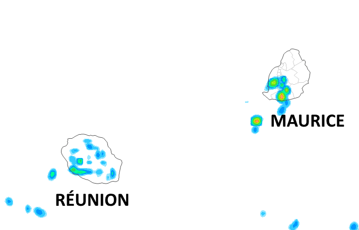 Les développements nuageux de la journée pourront donner quelques averses sur les pentes et l'intérieur de la RÉUNION et sur le quart Sud-Ouest de MAURICE cet après-midi. Arome. METEO FRANCE. MCIEL.