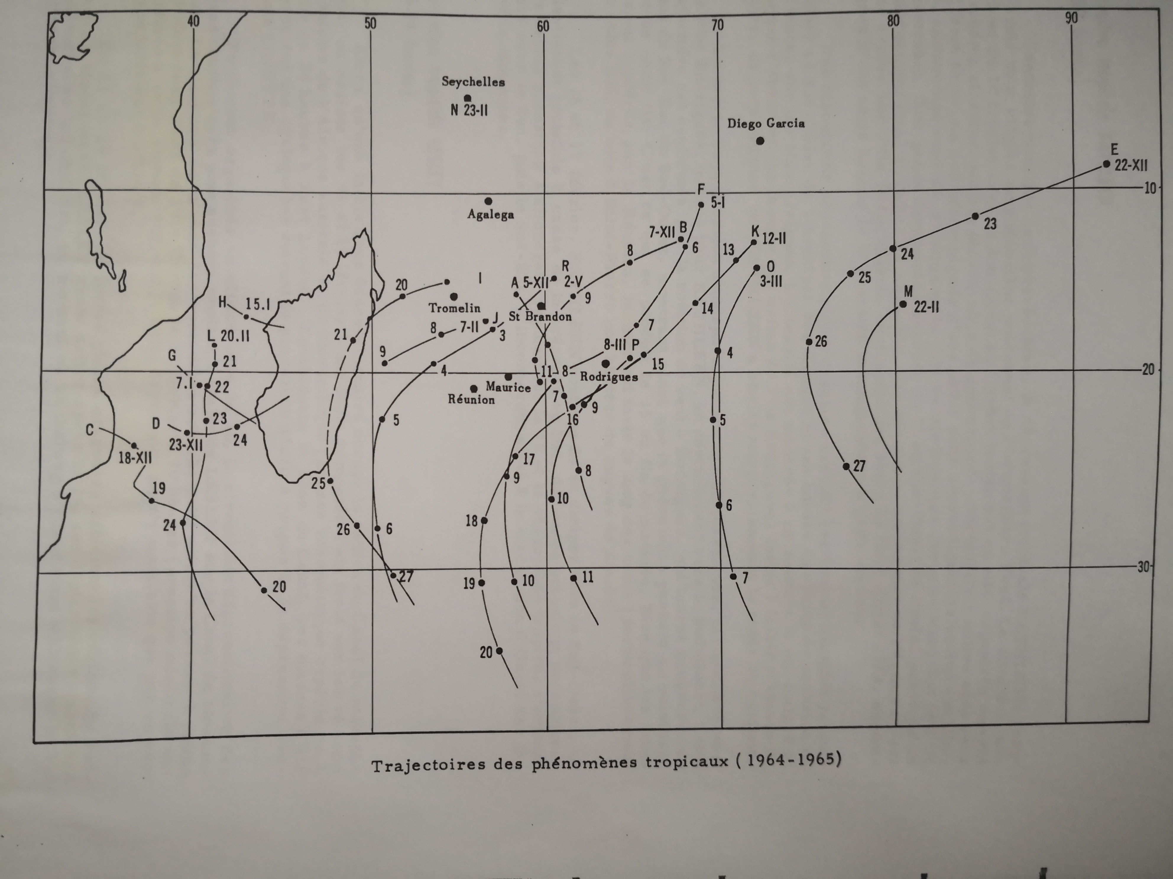 Trajectoires estimées des systèmes cycloniques de 1964/1965 sur le Sud-Ouest Indien. PH/Met Mar.