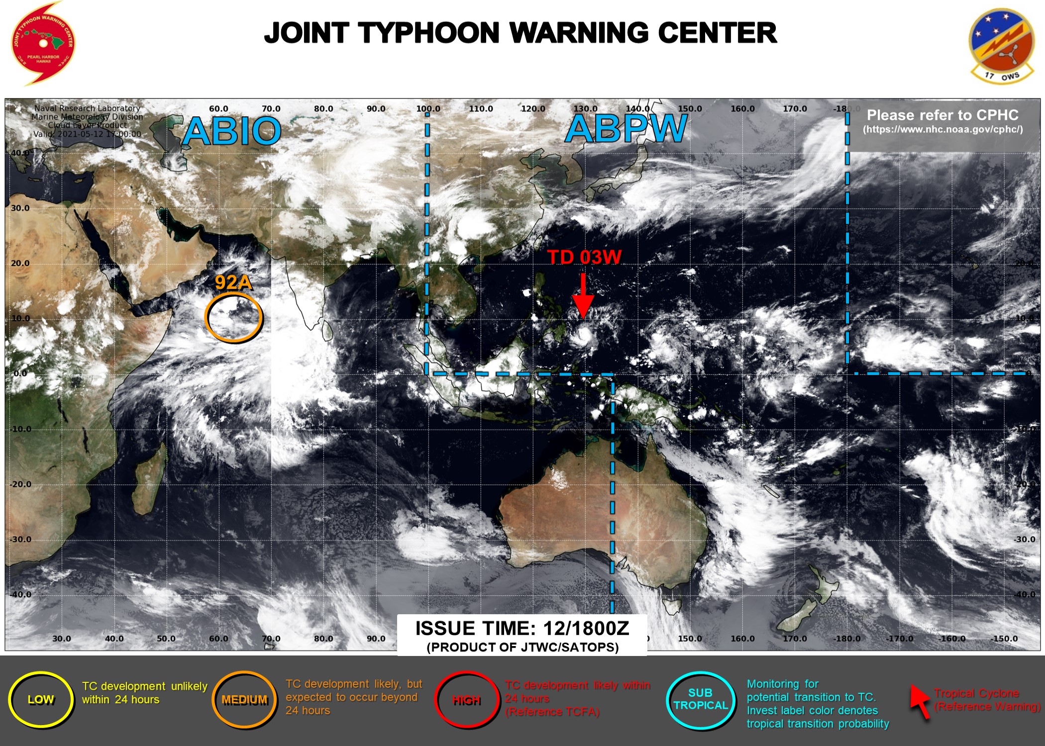JTWC IS ISSUING 6HOURLY WARNINGS AND 3HOURLY SATELLITE BULLETINS ON 03W. INVEST 92A REMAINS MEDIUM: MODERATE CHANCES OF HAVING 35KNOT WINDS NEAR ITS CENTER WITHIN 24HOURS.
