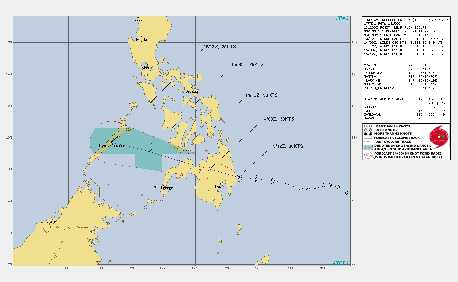 TD 03W. WARNING 4 ISSUED AT 13/15UTC.ANIMATED ENHANCED INFRARED SATELLITE IMAGERY(EIR) DEPICTS A FULLY-EXPOSED LOW-LEVEL CIRCULATION  DISPLACED WEST OF AN ISOLATED DEEP CONVECTIVE BURST. EIR  SUPPORTS THE INITIAL POSITION WITH GOOD CONFIDENCE AND INDICATES  THAT THE SYSTEM IS CURRENTLY MAKING LANDFALL OVER SOUTHEAST  MINDANAO.ENVIRONMENTAL ANALYSIS INDICATES A MARGINALLY-FAVORABLE  ENVIRONMENT WITH LOW VERTICAL WIND SHEAR (VWS), WEAK POLEWARD  OUTFLOW AND WARM SST VALUES (29C). TD 03W IS TRACKING WESTWARD ALONG  THE SOUTHERN PERIPHERY OF A LOW- TO MID-LEVEL SUBTROPICAL RIDGE  (STR) ENTRENCHED TO THE NORTH.TD 03W IS FORECAST TO TRACK WESTWARD TO WEST-NORTHWESTWARD  THROUGH THE FORECAST PERIOD UNDER THE STEERING INFLUENCE OF THE STR  POSITIONED TO THE NORTH. TD 03W IS EXPECTED TO WEAKEN AS IT TRACKS OVER MINDANAO, AND WILL  DISSIPATE BY 48H DUE TO INCREASING VWS (20-25 KNOTS) AND UPPER- LEVEL CONVERGENCE ASSOCIATED WITH A PERSISTENT UPPER-LEVEL TROUGH.