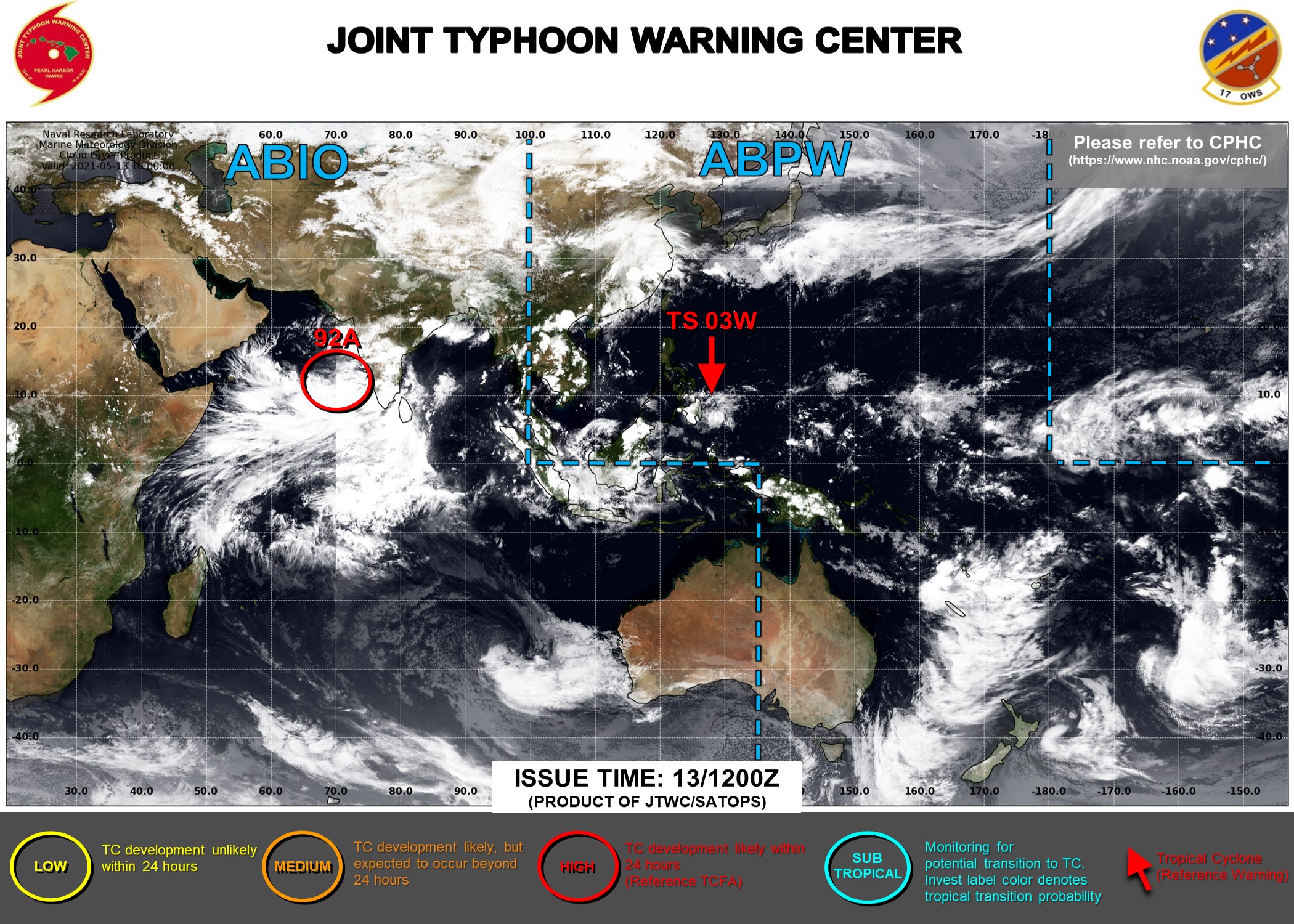 13/15UTC.JTWC IS ISSUING 6HOURLY WARNINGS AND 3HOURLY SATELLITE BULLETINS ON 03W. INVEST 92A IS UPGRADED TO HIGH: ELEVATED CHANCES OF HAVING 35KNOT WINDS NEAR ITS CENTER WITHIN 24HOURS. 3HOURLY SATELLITE BULLETINS ARE NOW ISSUED FOR 92A.