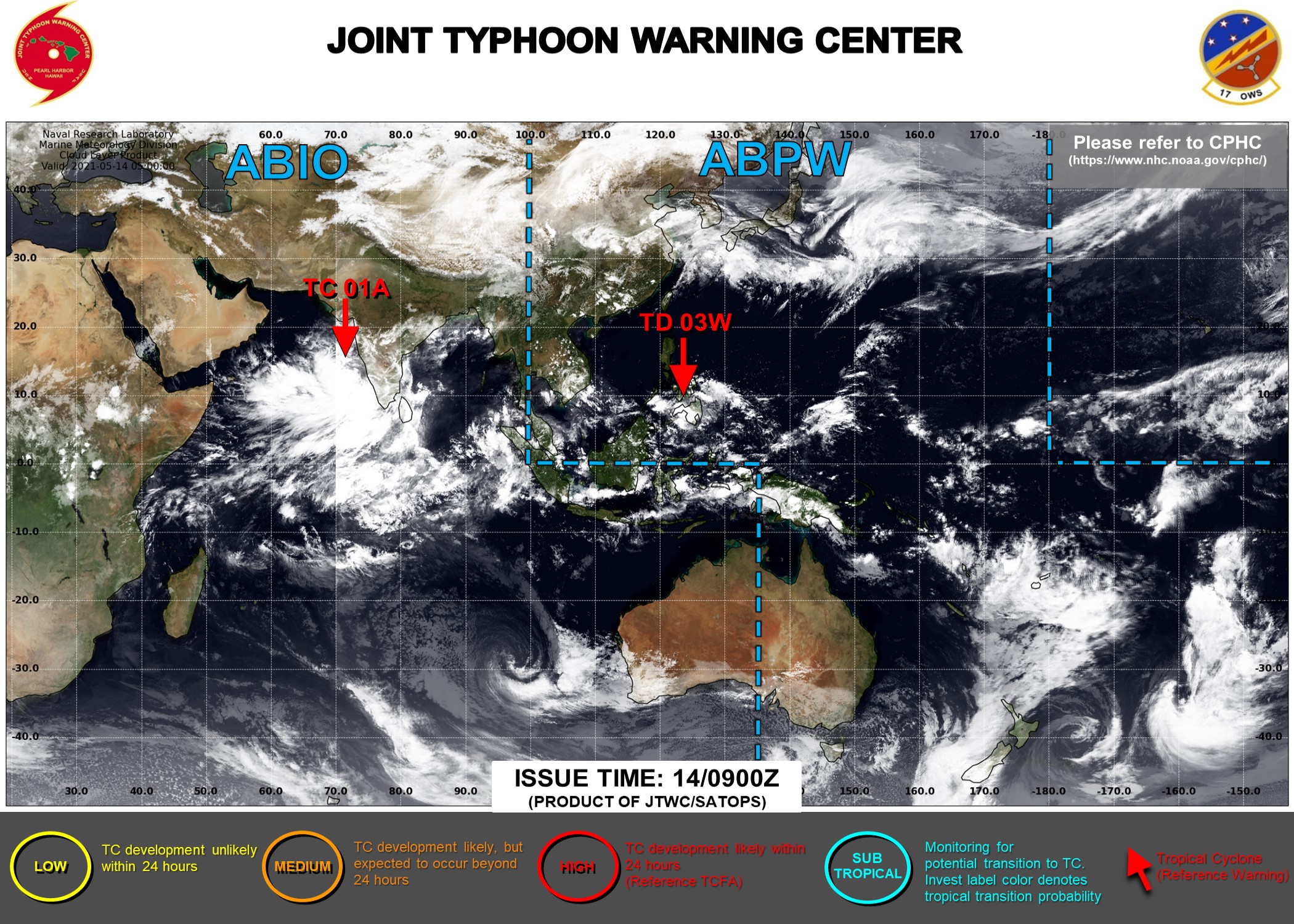 14/09UTC. JTWC IS ISSUING 6HOURLY WARNINGS ON TD 03W AND TC 01A. 3HOURLY SATELLITE BULLETINS ARE ISSUED FOR BOTH SYSTEMS.
