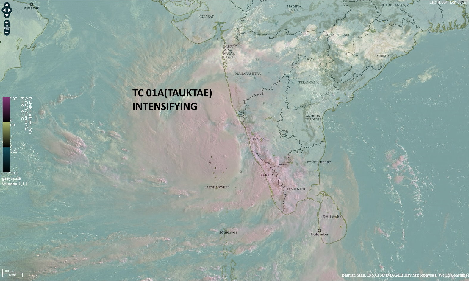 TC 01A(TAUKTAE). 15/02UTC. CENTRAL CONVECTION HAS BEEN INTENSIFYING OVER THE LOW LEVEL CIRCULATION CENTER. 01A IS FORECAST TO INTENSIFY RAPIDLY AFTER 24HOURS. INSAT3-D. IMD. PH.