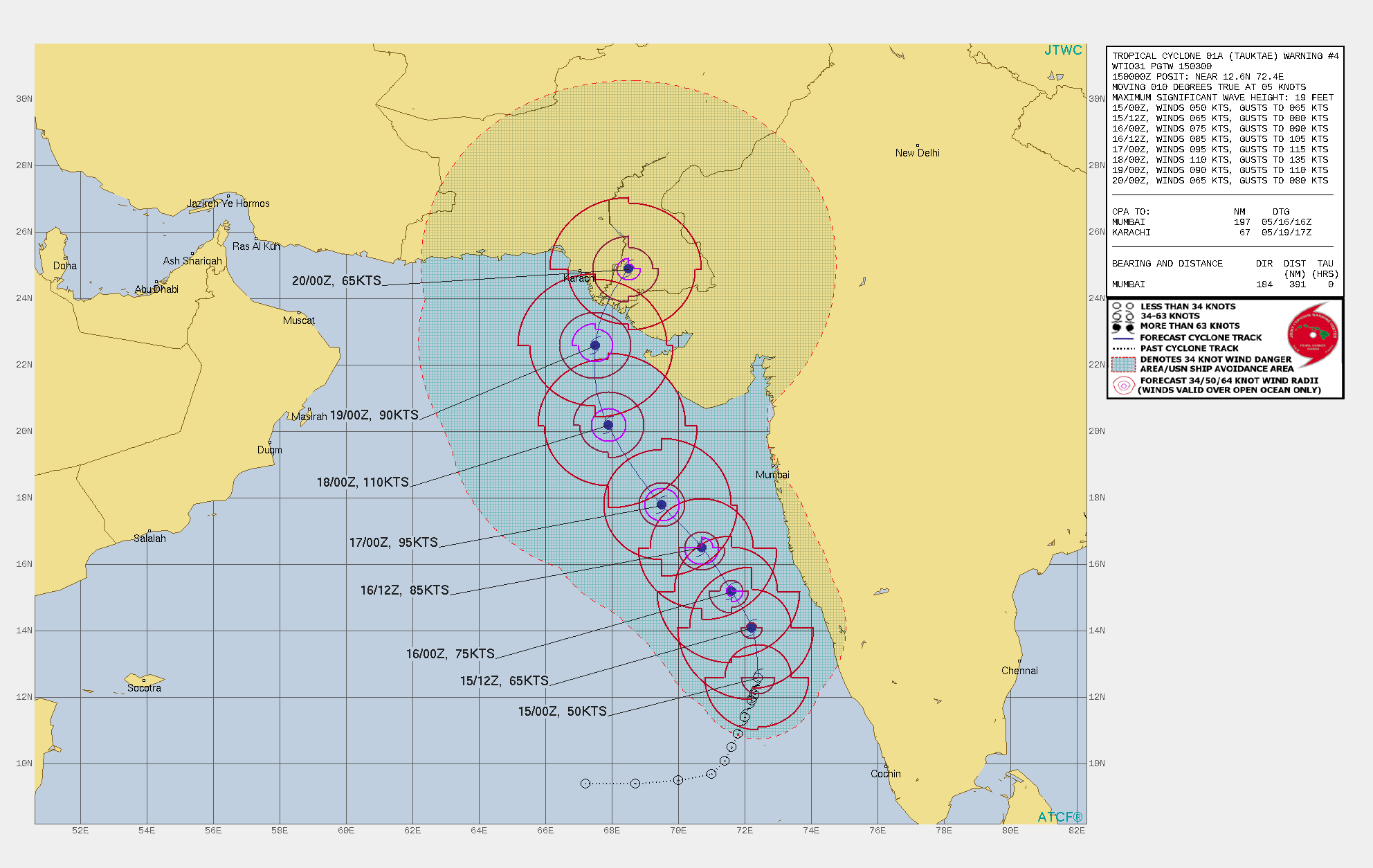 TC 01A(TAUKTAE). WARNING 4 ISSUED AT 15/03UTC.UPPER-LEVEL ANALYSIS INDICATES VERY FAVORABLE ENVIRONMENTAL  CONDITIONS WITH NEARLY RADIAL OUTFLOW, LOW VERTICAL WIND SHEAR AND  WARM (31C) SST VALUES. TC 01A IS TRACKING POLEWARD ALONG THE WESTERN  PERIPHERY OF A DEEP-LAYERED SUBTROPICAL RIDGE (STR) POSITIONED TO  THE EAST. TC 01A IS FORECAST TO GRADUALLY TURN NORTH-NORTHWESTWARD  THROUGH 72H BEFORE RECURVING NORTH-NORTHEASTWARD AFTER 96H. DUE TO THE EXCELLENT ENVIRONMENTAL CONDITIONS, TC 01A IS EXPECTED TO  INTENSIFY RAPIDLY AFTER 24H WITH A PEAK OF 110 KNOTS/US CAT 3 BY 72H.  STEADY WEAKENING WILL OCCUR AS THE SYSTEM APPROACHES THE  PAKISTAN/INDIA BORDER WITH RAPID WEAKENING AFTER THE SYSTEM MAKES  LANDFALL.