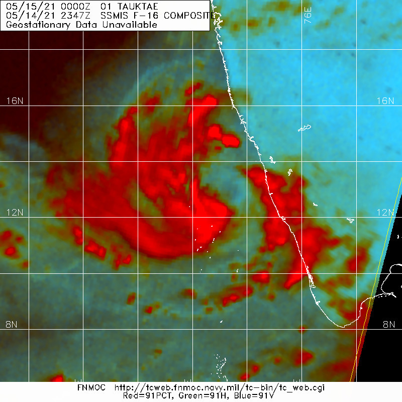 TC 01A(TAUKTAE). SSMIS  91GHZ IMAGE SHOWS A BAND OF DENSE CONVECTION SITUATED TO THE SOUTH  OF THE CURRENT POSITION.