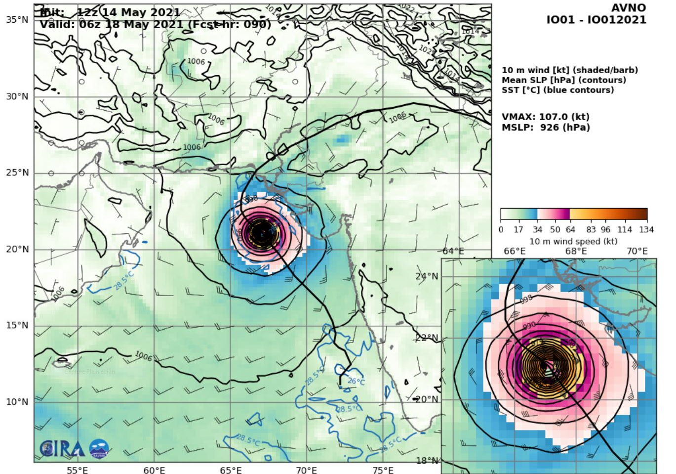 TC 01A(TAUKTAE). 14/12UTC. AVN(GFS) SHOWS PEAK INTENSTY ABOVE 100KNOTS AT +90H WHICH IS INDICATIVE OF HIGH DEVELOPMENT POTENTIAL.